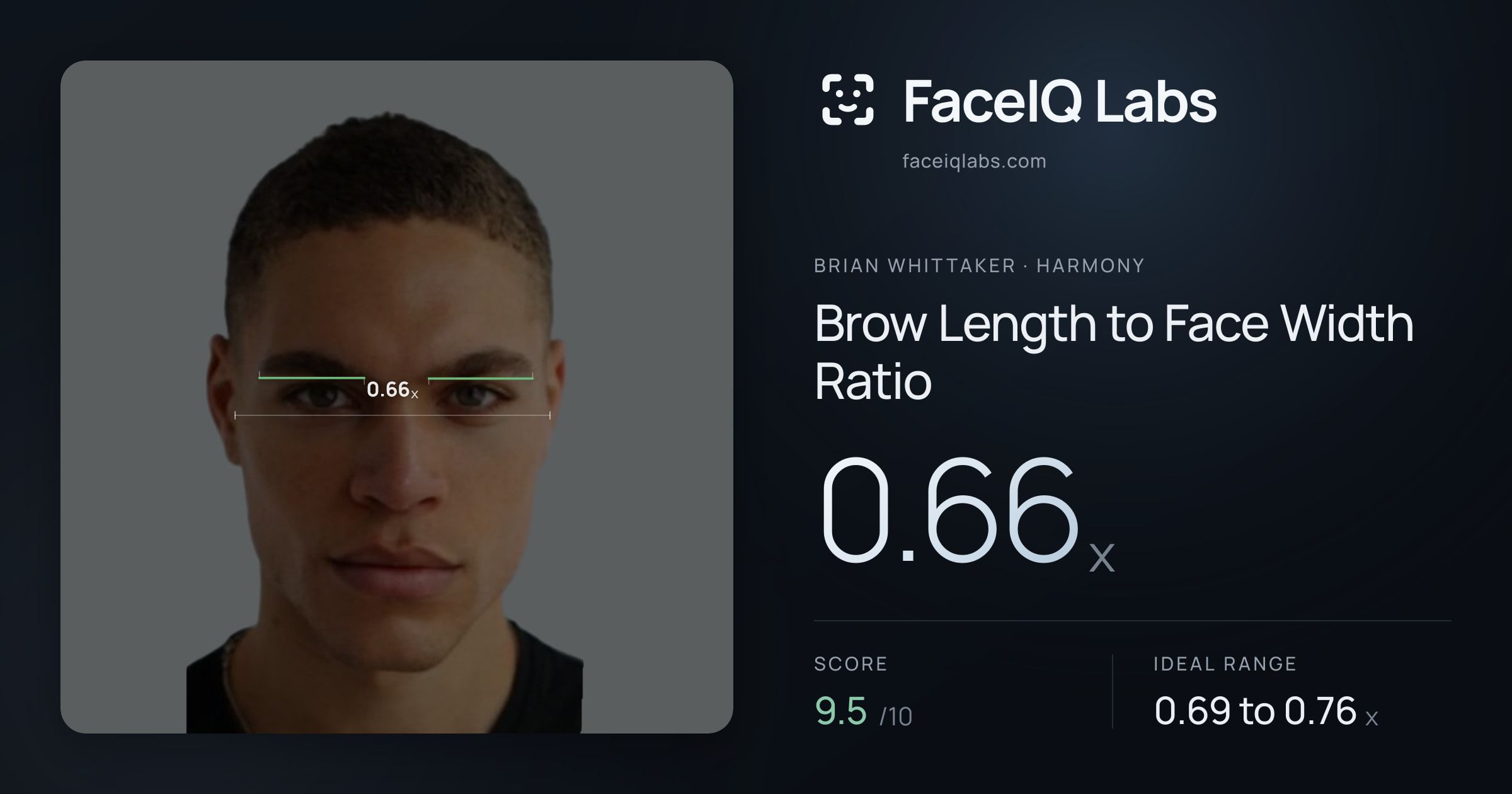 Brian Whittaker Brow Length to Face Width Ratio: 0.66x, drawn on the photo