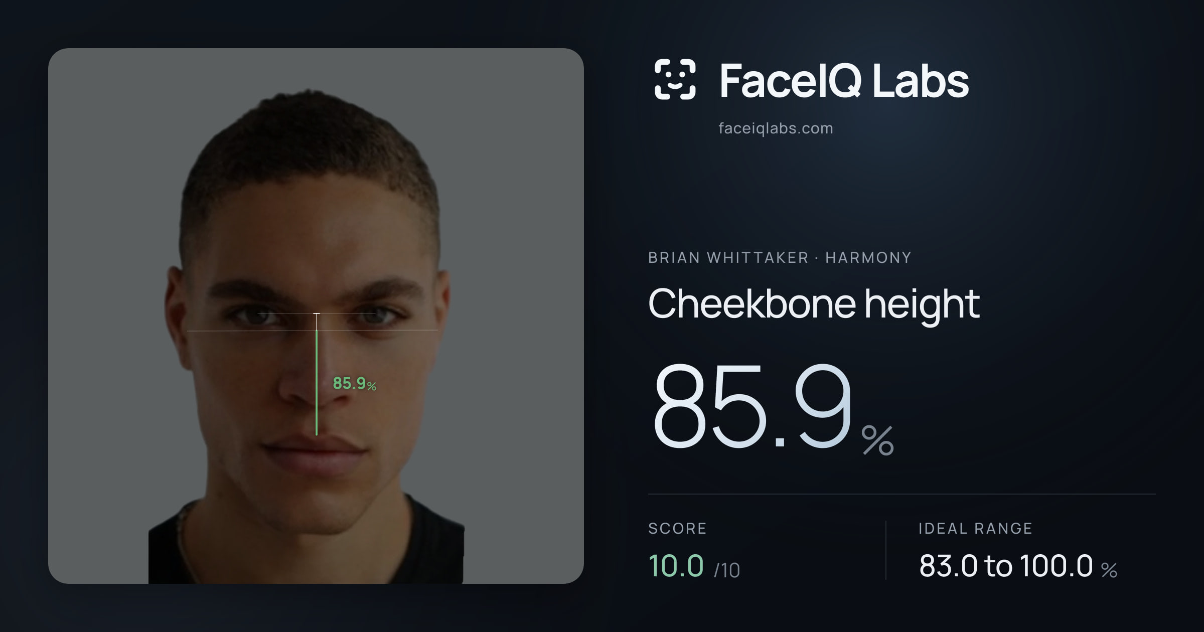 Brian Whittaker Cheekbone height: 85.9%, drawn on the photo