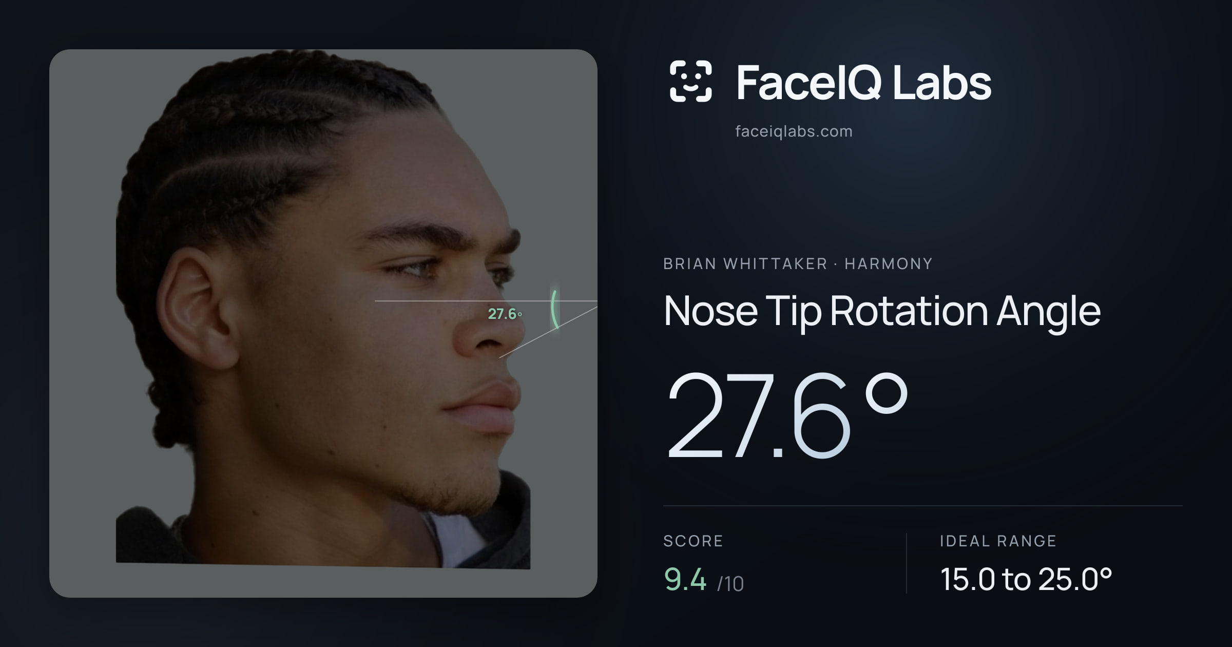 Brian Whittaker Nose Tip Rotation Angle: 27.6°, drawn on the photo