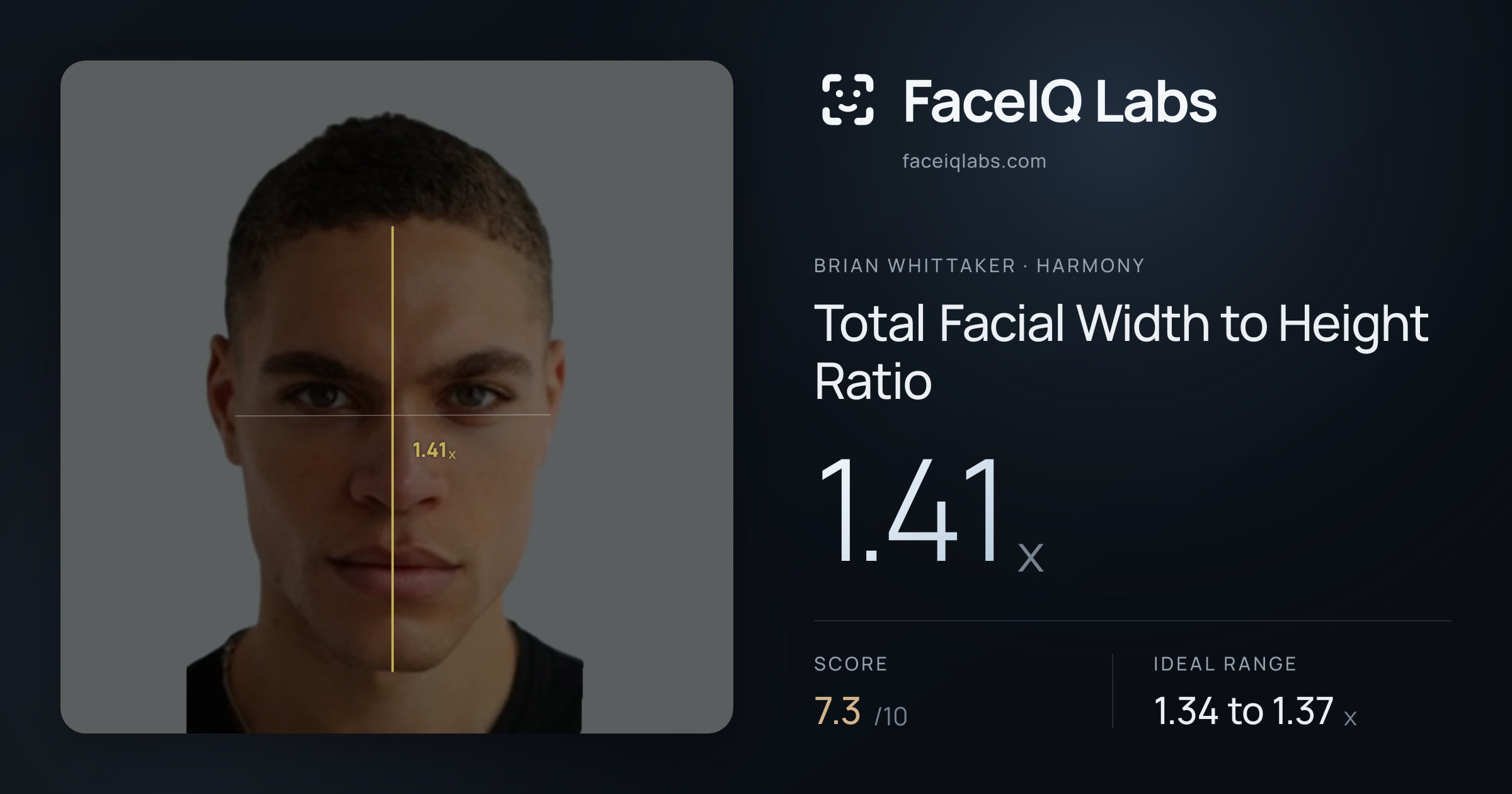 Brian Whittaker Total Facial Width to Height Ratio: 1.41x, drawn on the photo