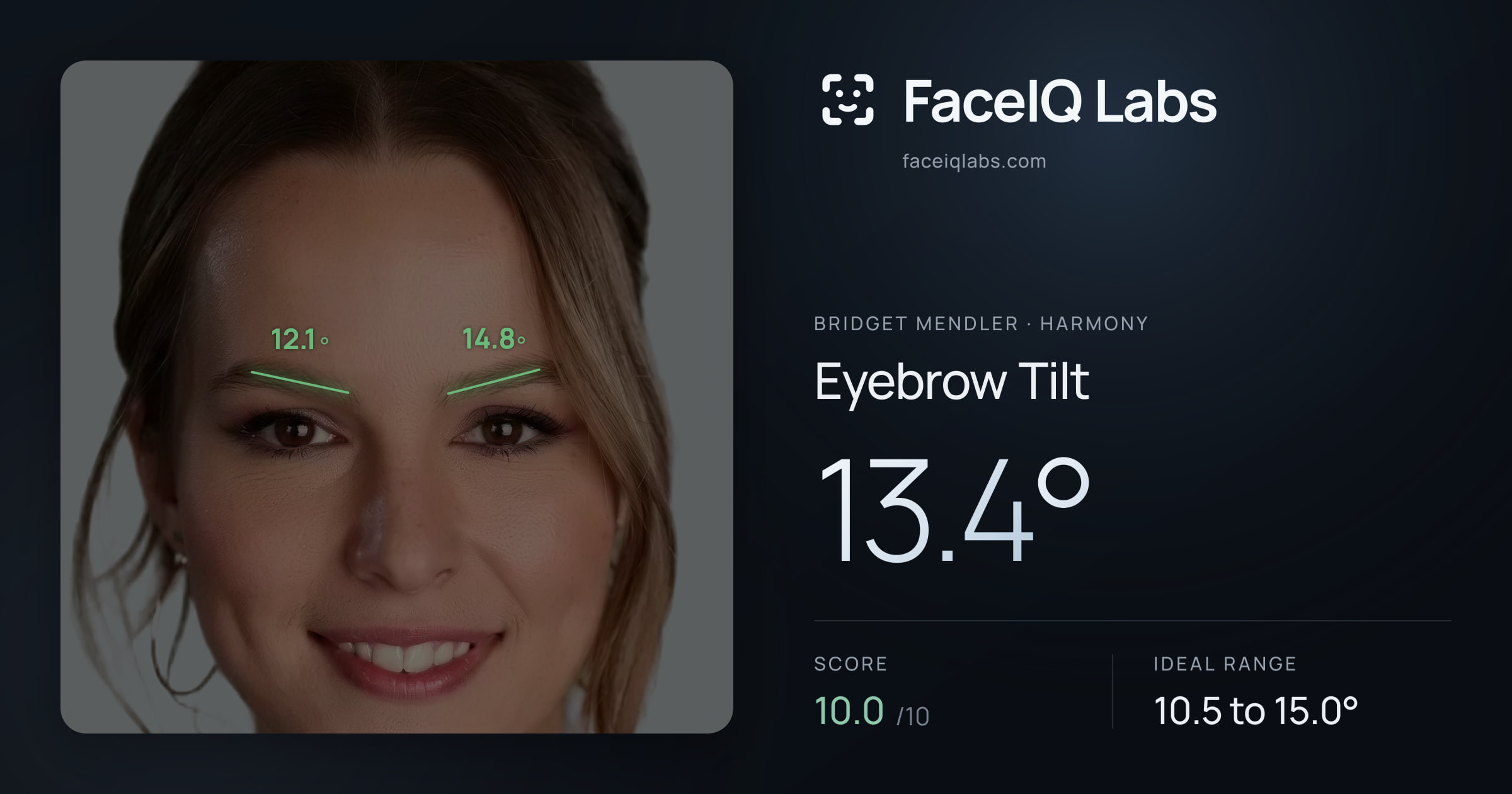 Bridget Mendler Eyebrow Tilt: 13.4°, drawn on the photo