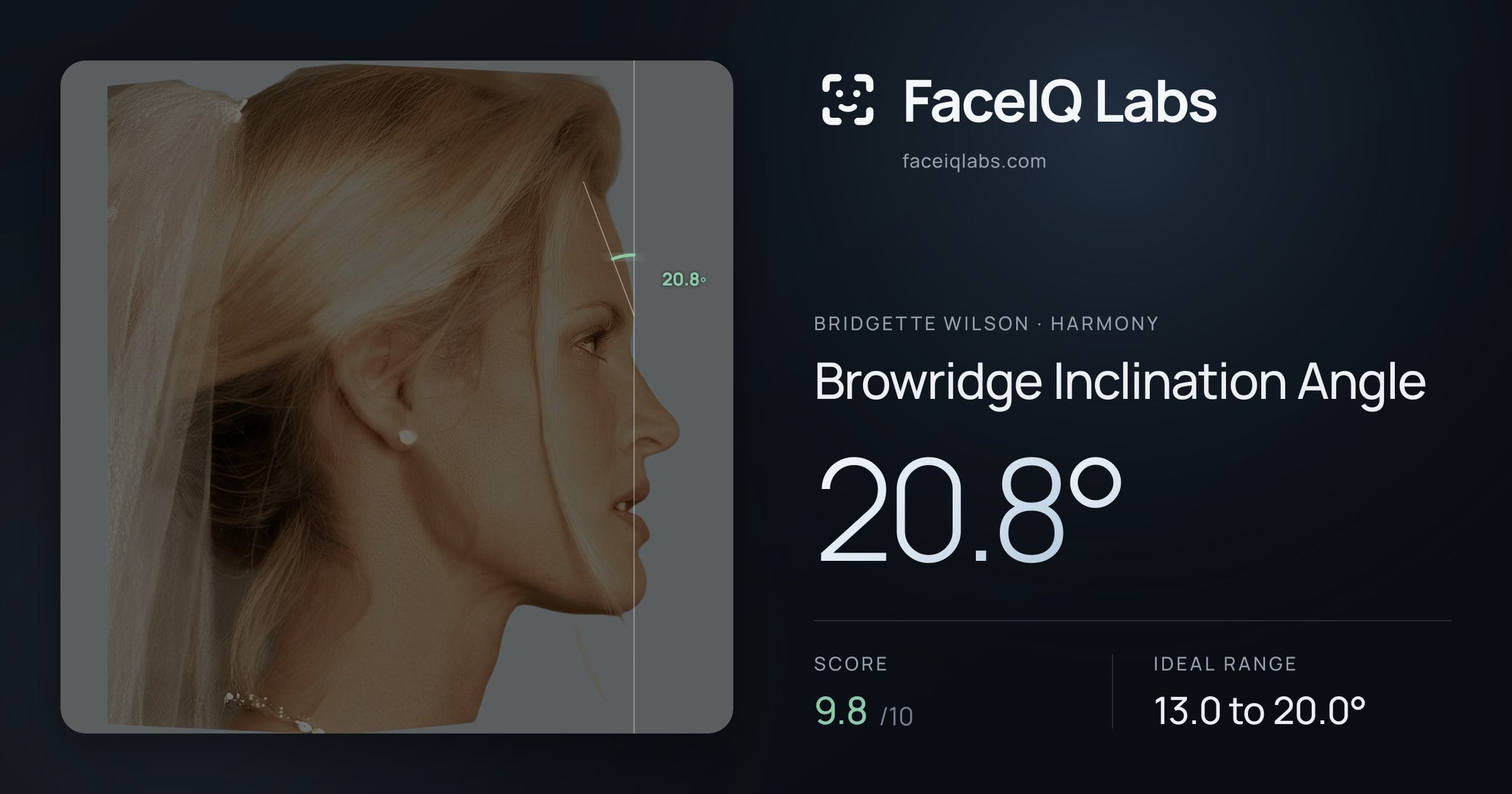 Bridgette Wilson Browridge Inclination Angle: 20.8°, drawn on the photo