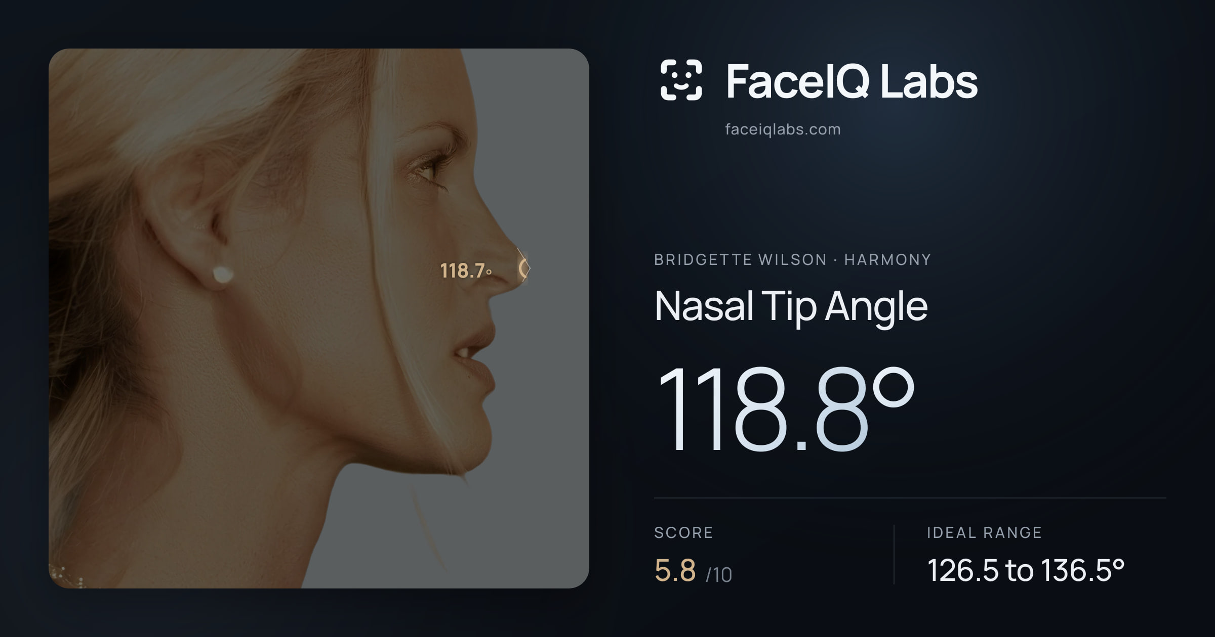 Bridgette Wilson Nasal Tip Angle: 118.8°, drawn on the photo