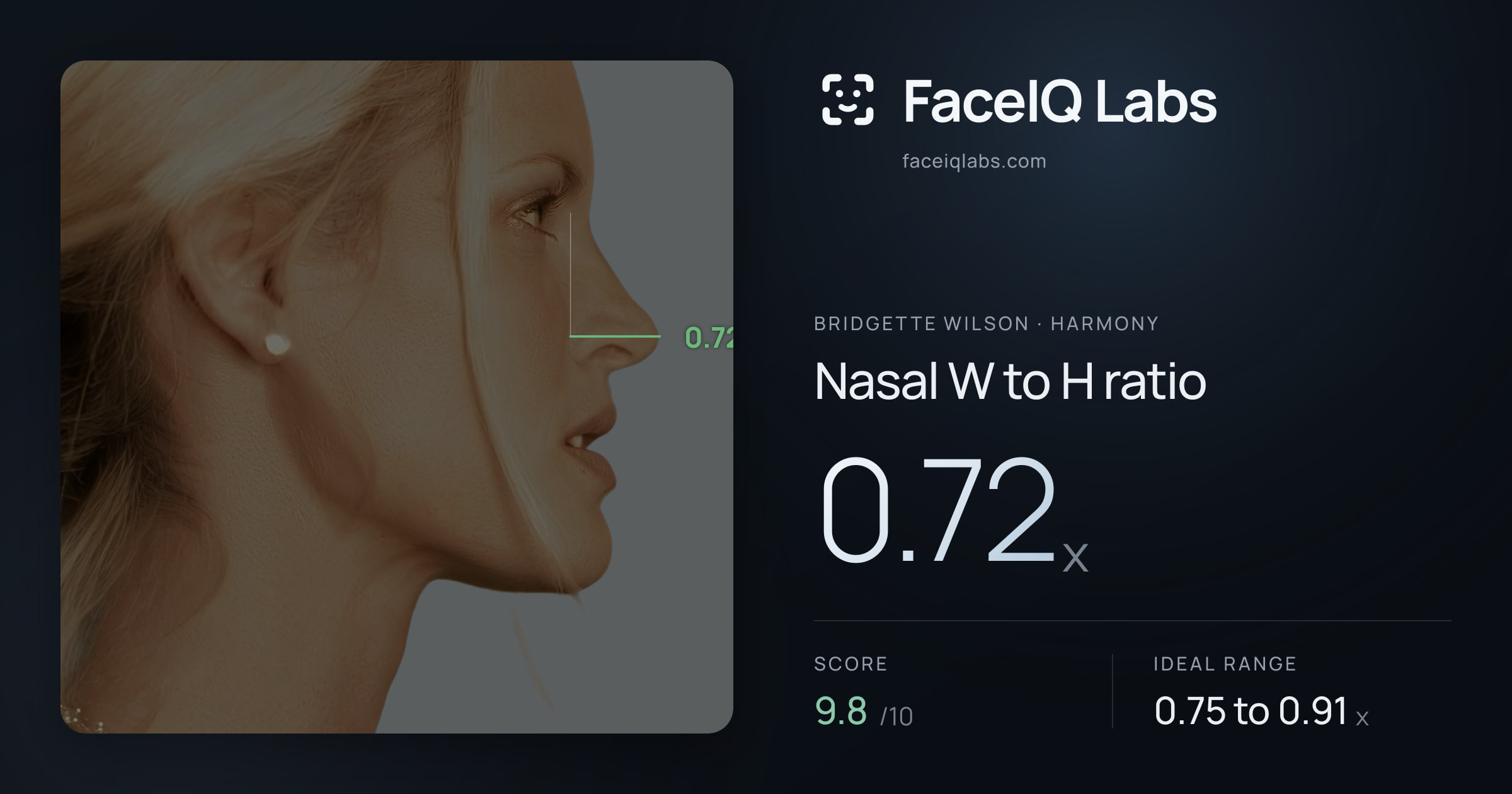Bridgette Wilson Nasal W to H ratio: 0.72x, drawn on the photo