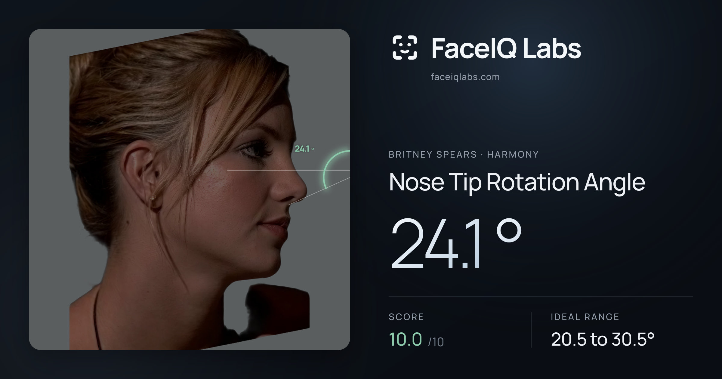 Britney Spears Nose Tip Rotation Angle: 24.1°, drawn on the photo