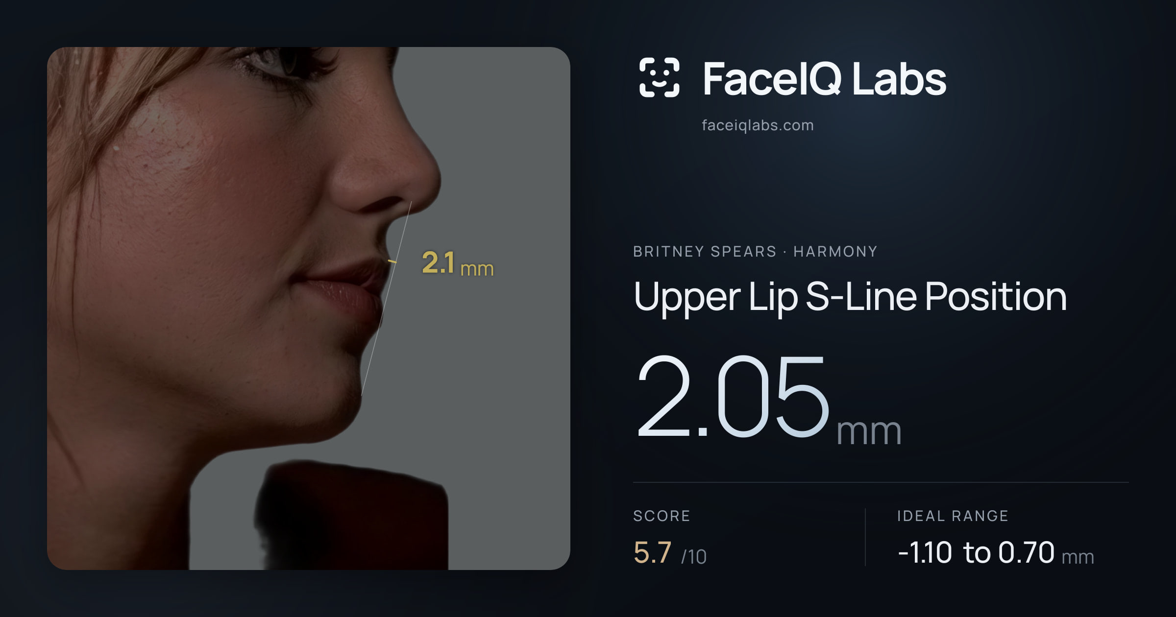 Britney Spears Upper Lip S-Line Position: 2.05mm, drawn on the photo