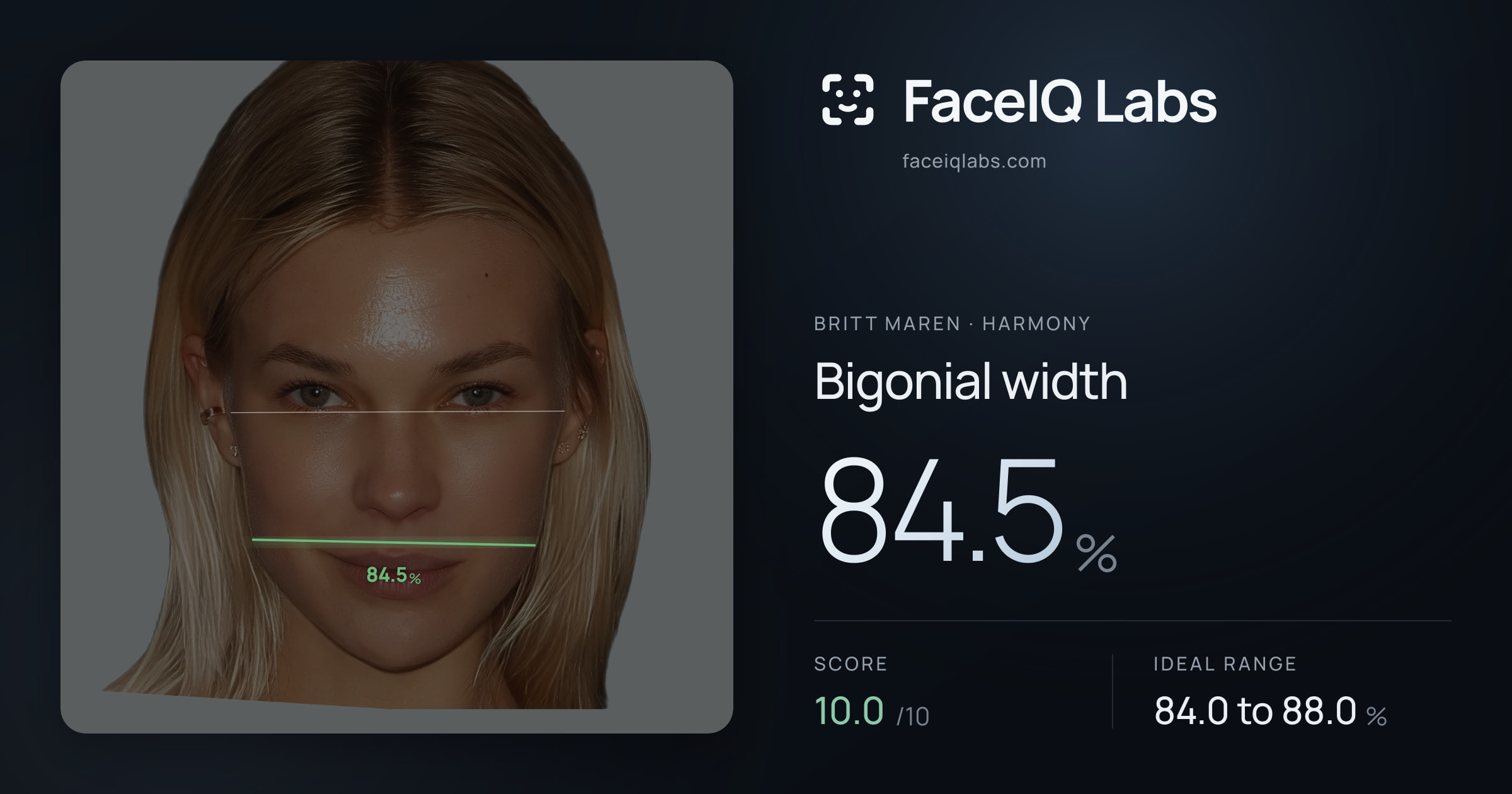 Britt Maren Bigonial width: 84.5%, drawn on the photo