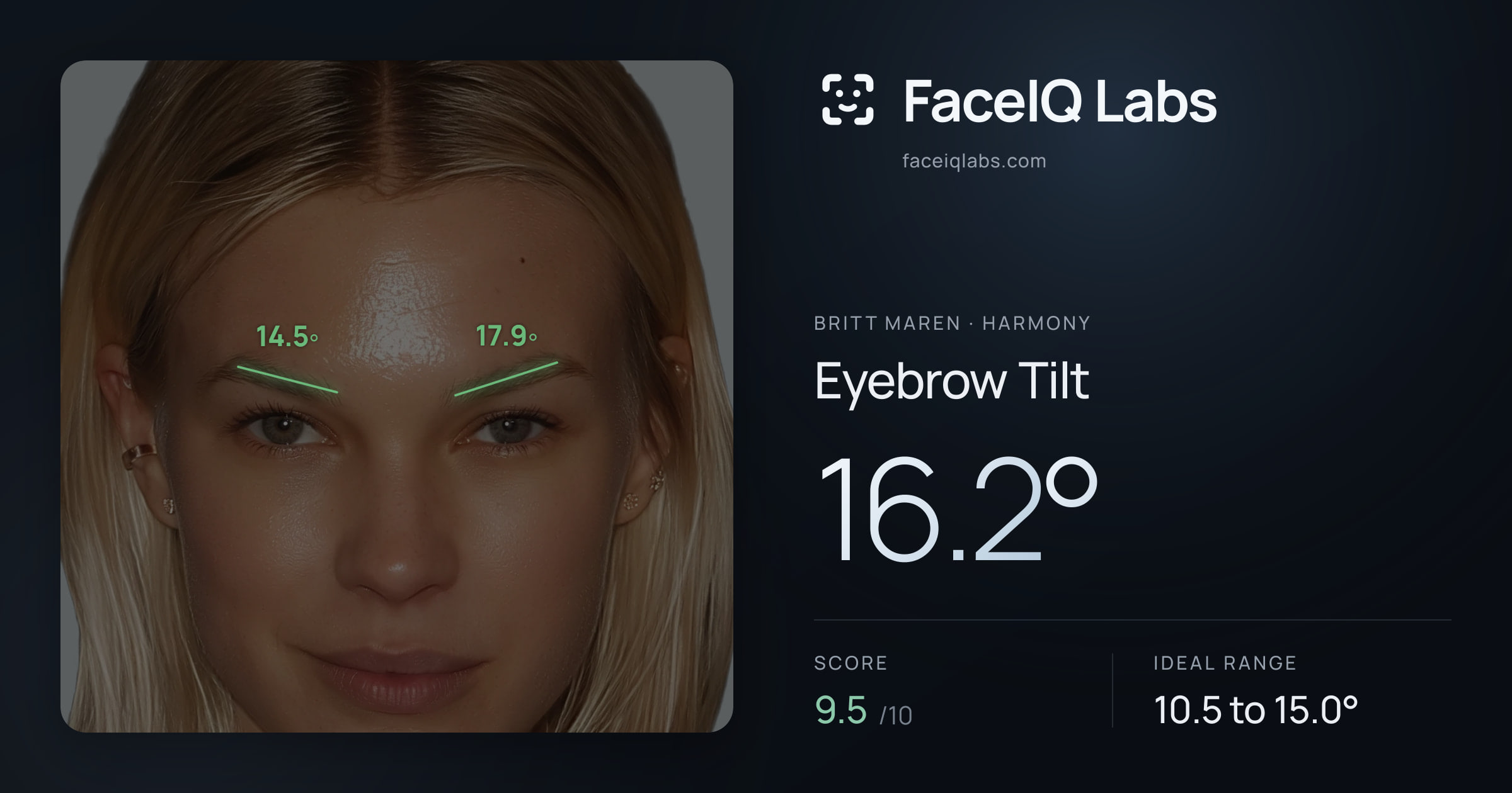 Britt Maren Eyebrow Tilt: 16.2°, drawn on the photo