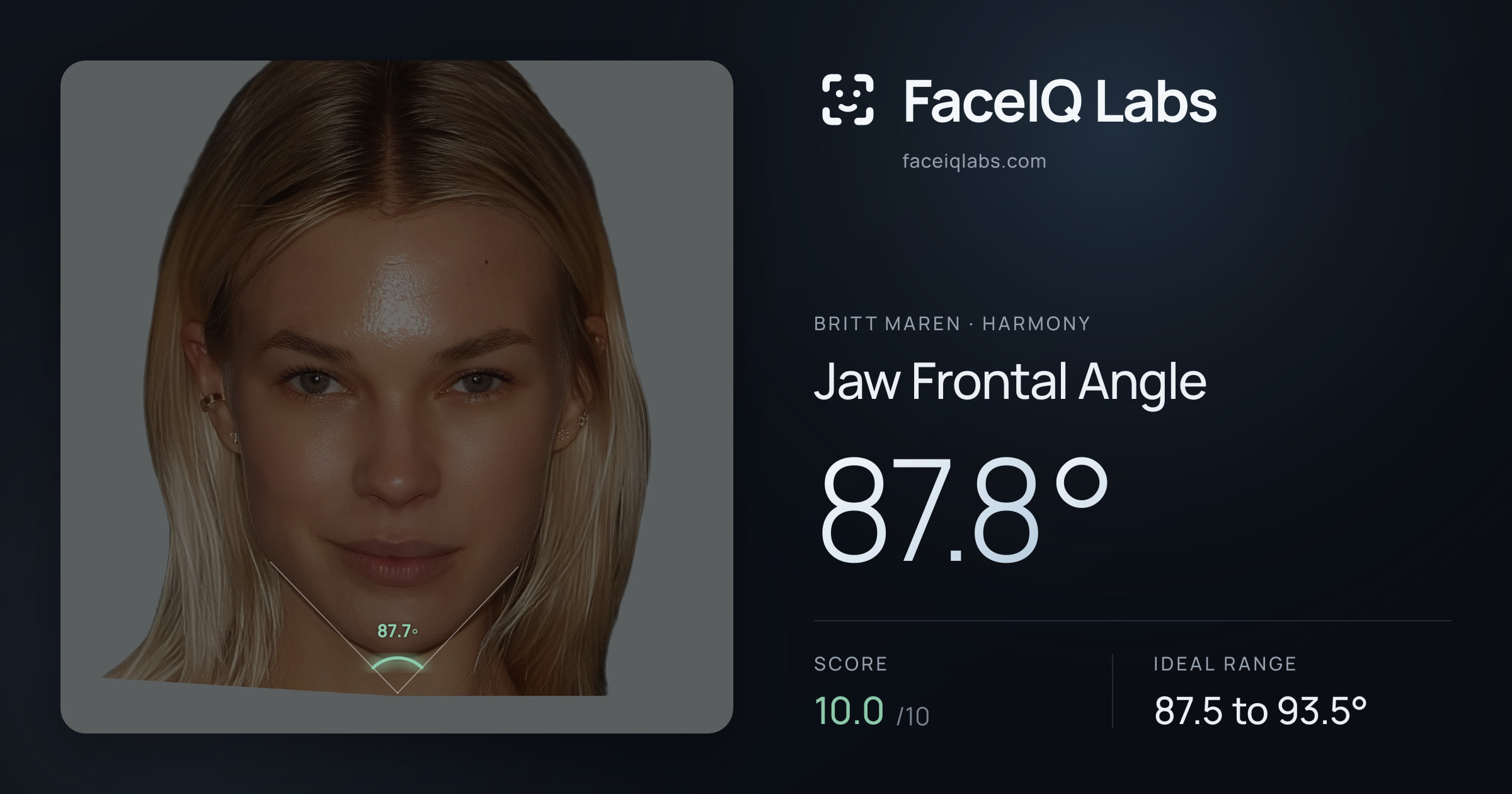 Britt Maren Jaw Frontal Angle: 87.8°, drawn on the photo