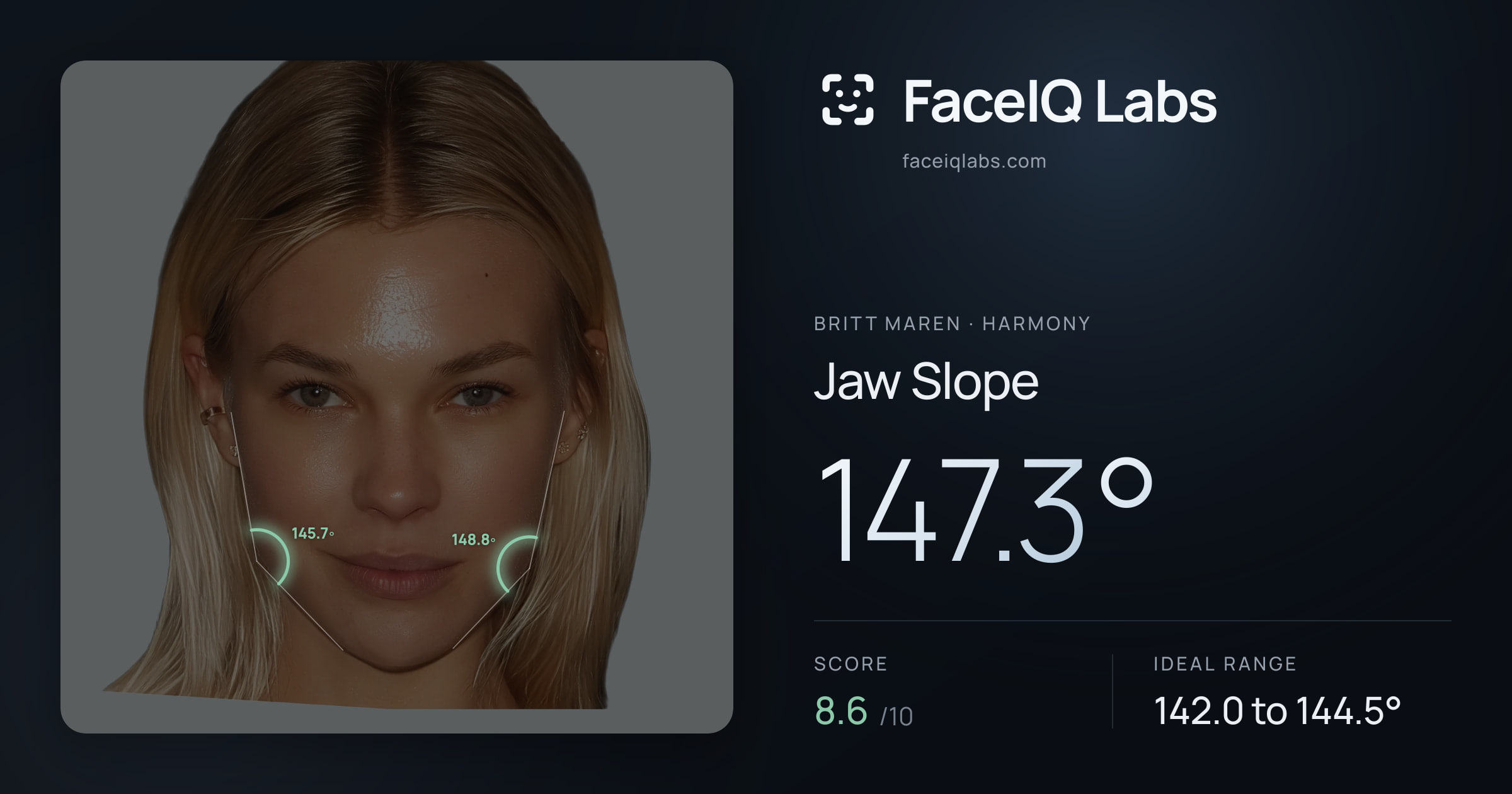 Britt Maren Jaw Slope: 147.3°, drawn on the photo