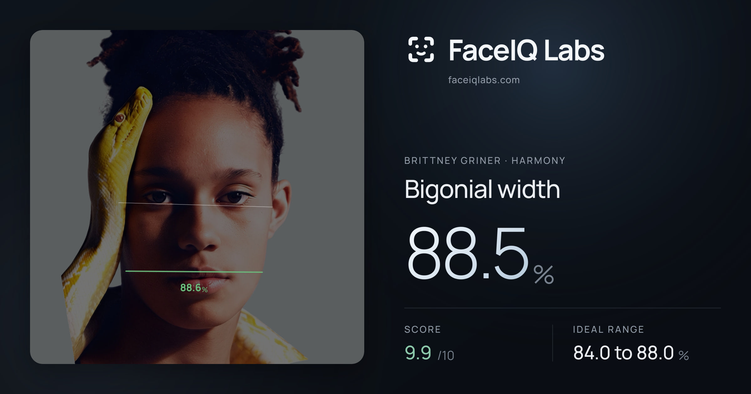 Brittney Griner Bigonial width: 88.5%, drawn on the photo