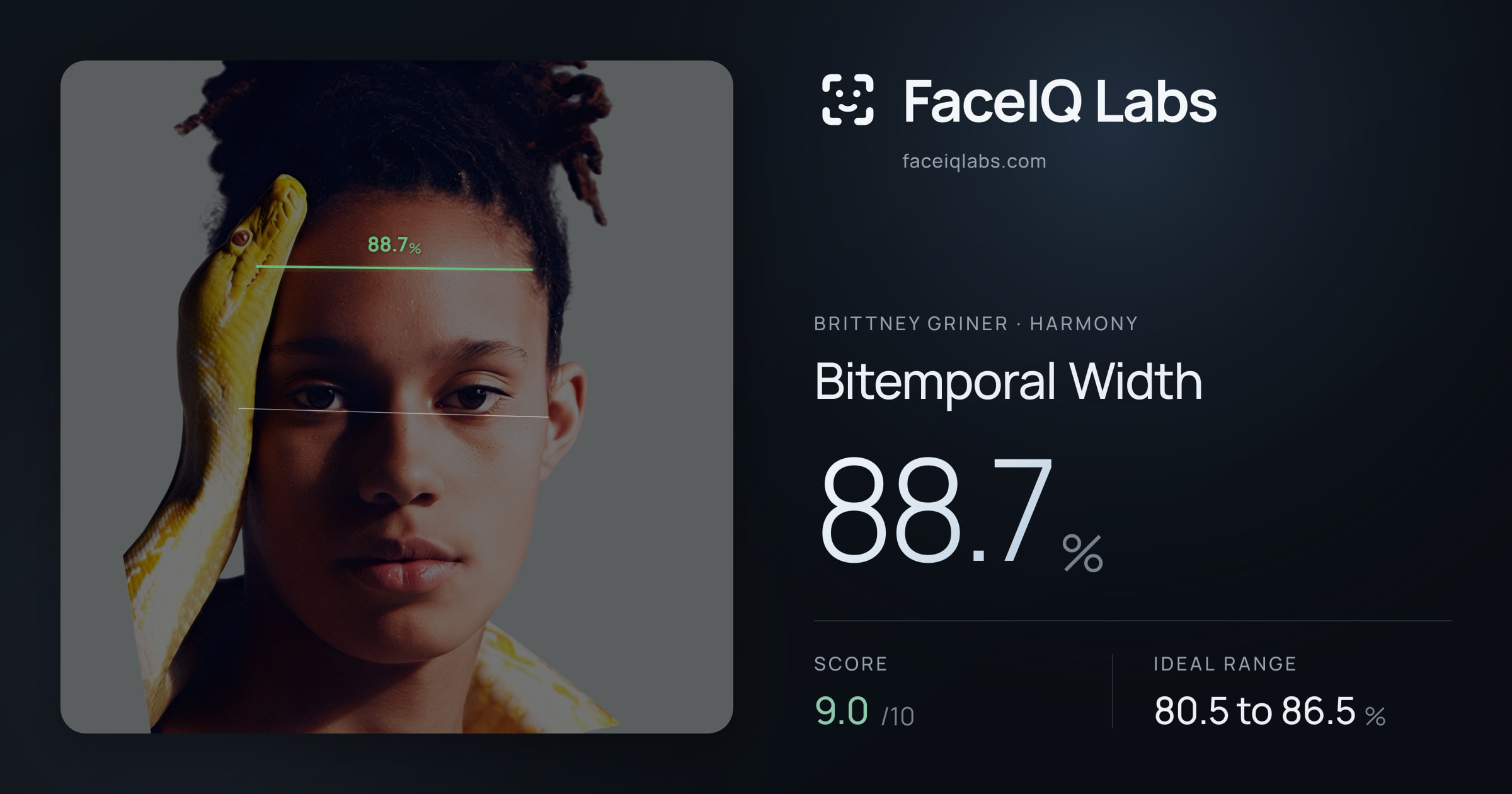 Brittney Griner Bitemporal Width: 88.7%, drawn on the photo