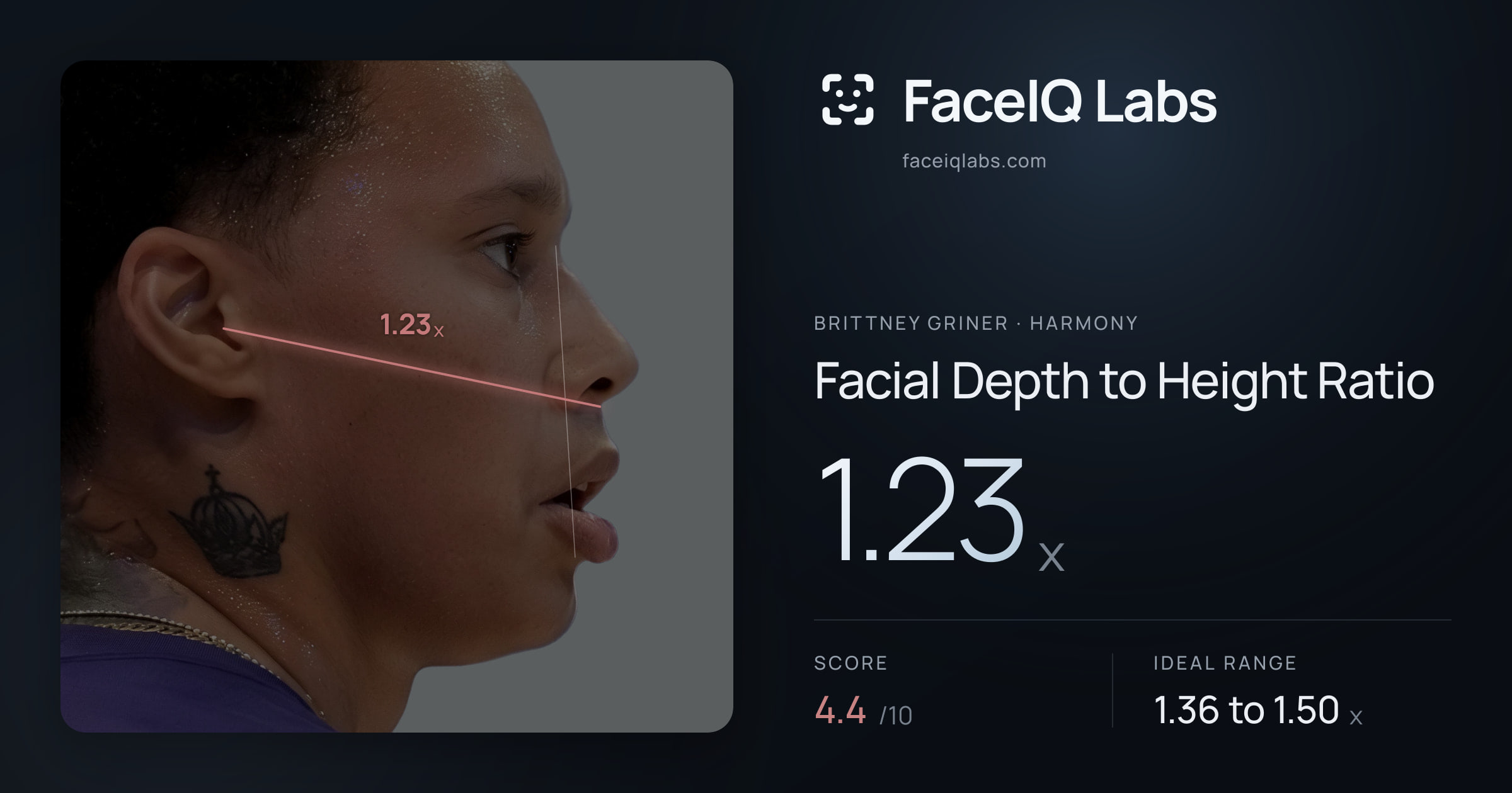 Brittney Griner Facial Depth to Height Ratio: 1.23x, drawn on the photo