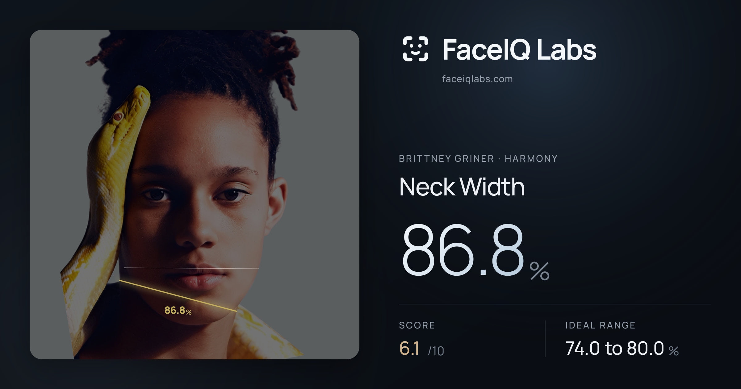 Brittney Griner Neck Width: 86.8%, drawn on the photo