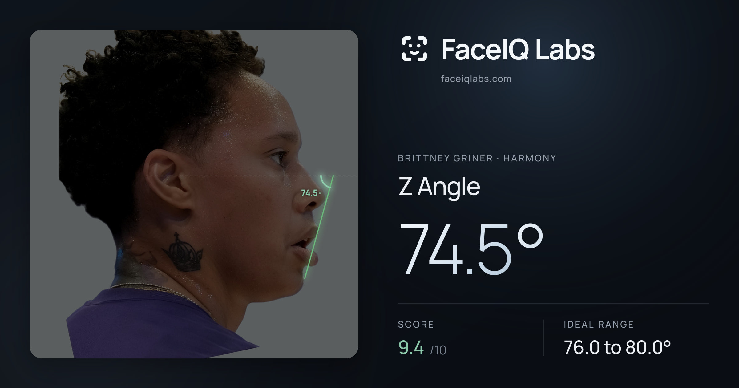 Brittney Griner Z Angle: 74.5°, drawn on the photo
