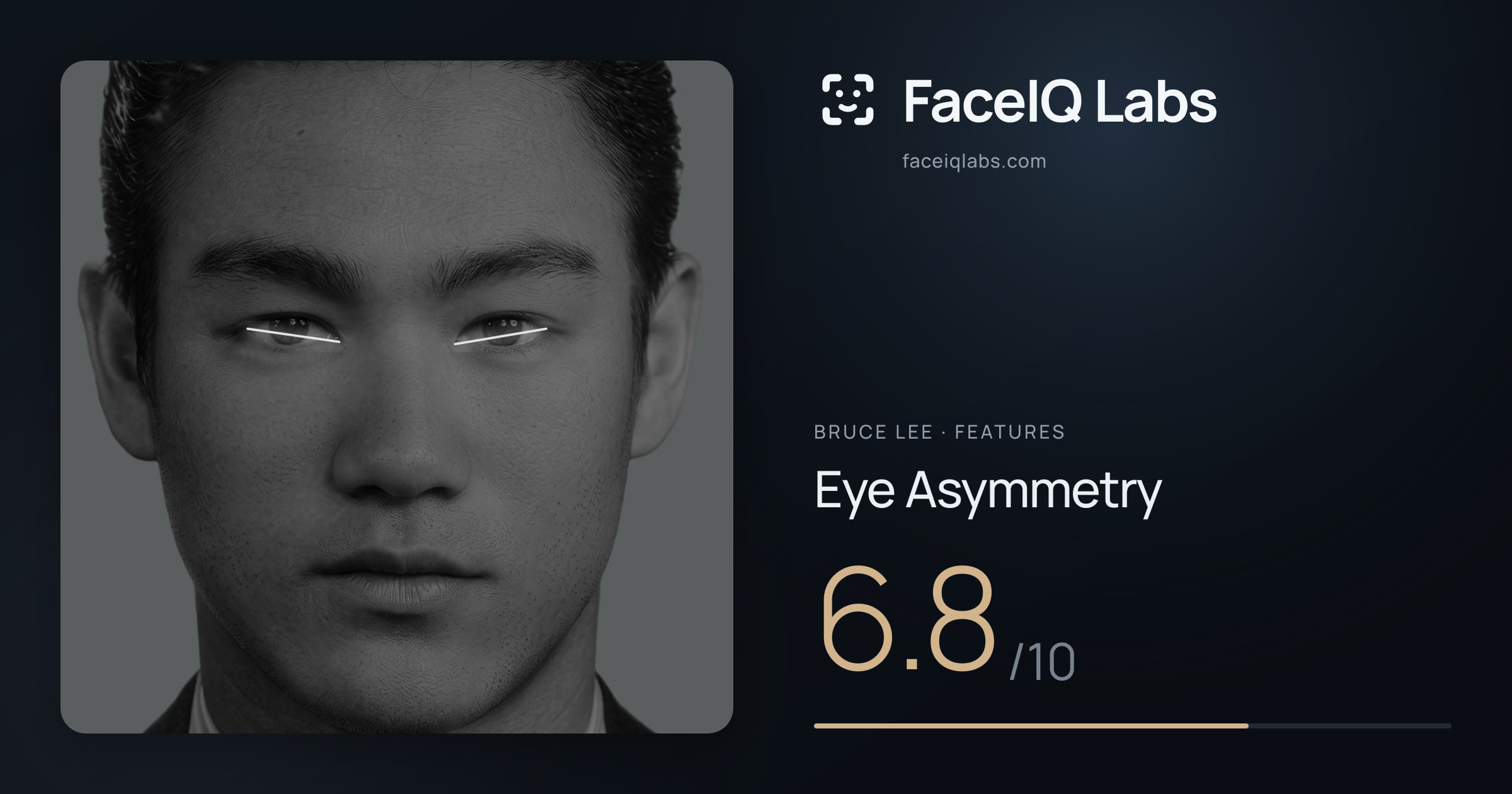 Bruce Lee Eye Asymmetry: 6.8/10, drawn on the photo