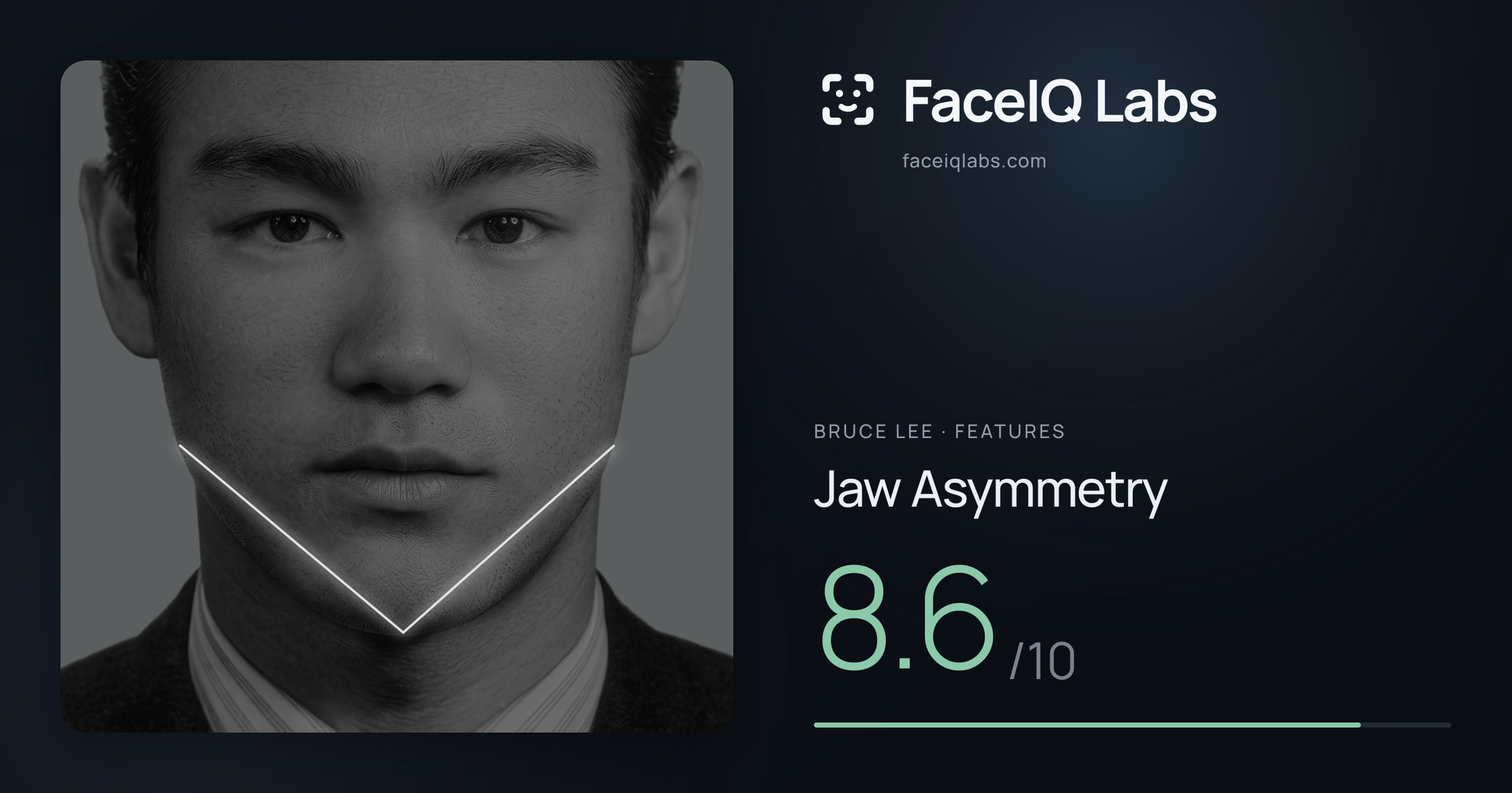 Bruce Lee Jaw Asymmetry: 8.6/10, drawn on the photo