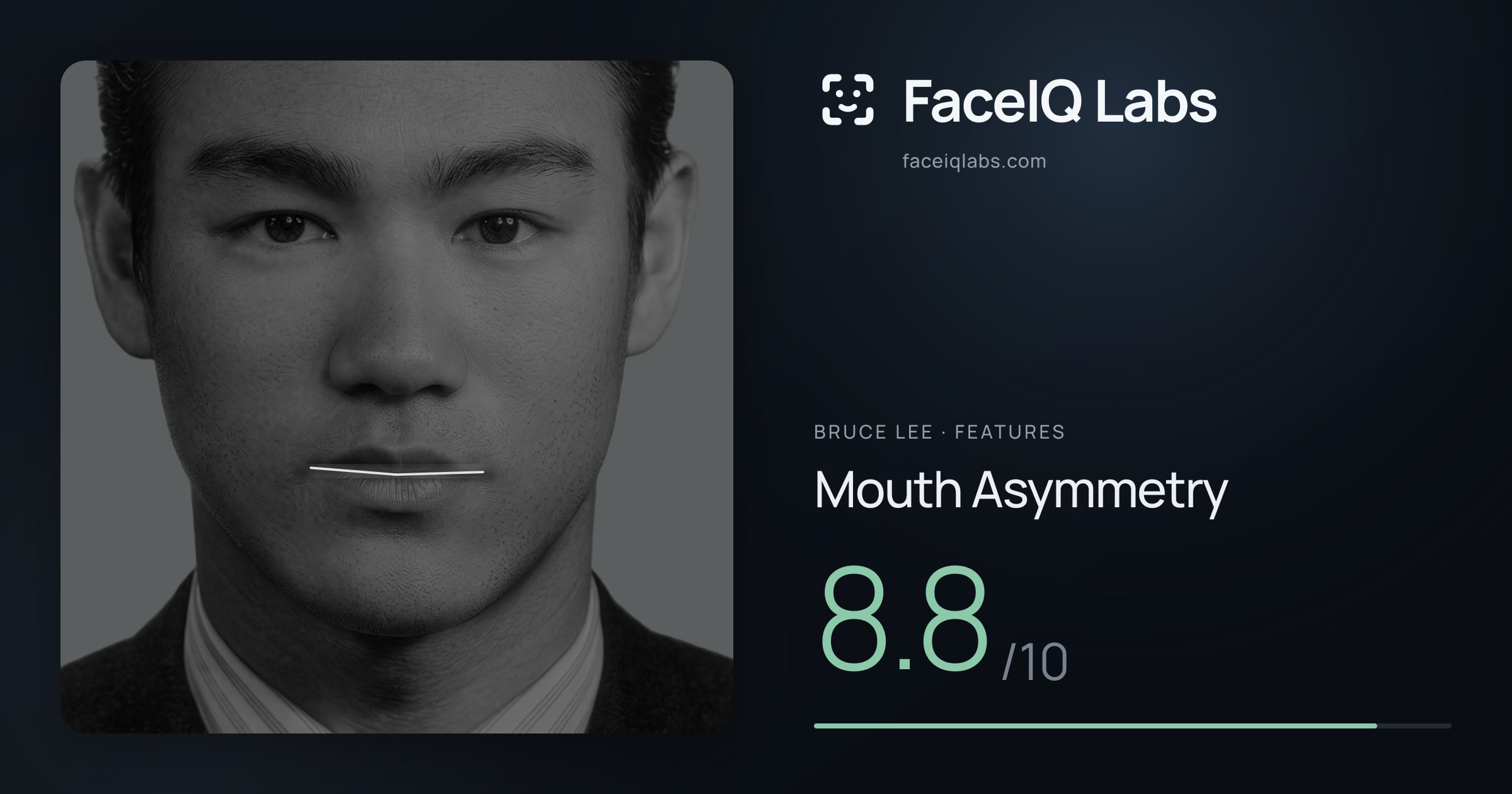 Bruce Lee Mouth Asymmetry: 8.8/10, drawn on the photo