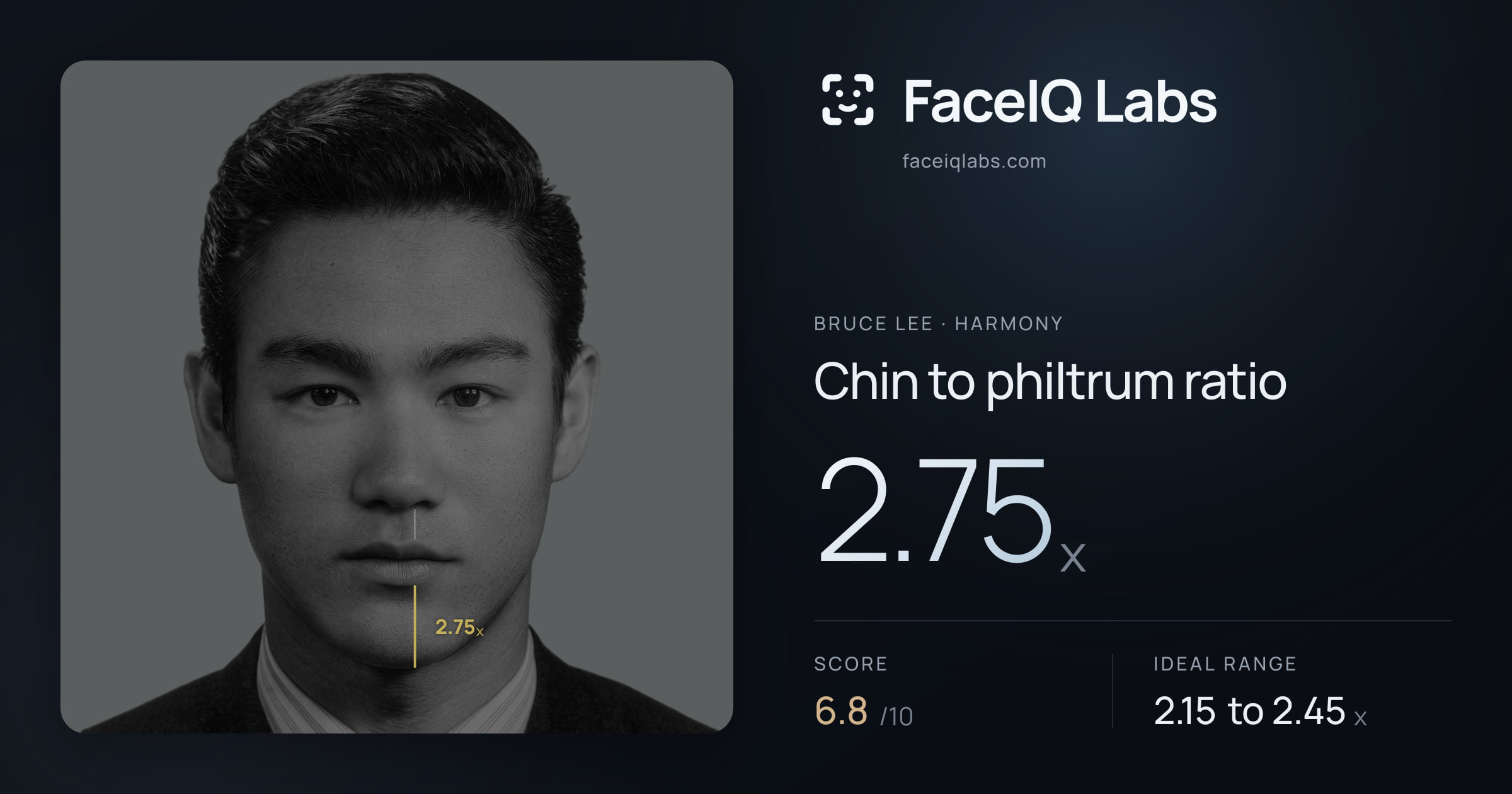 Bruce Lee Chin to philtrum ratio: 2.75x, drawn on the photo