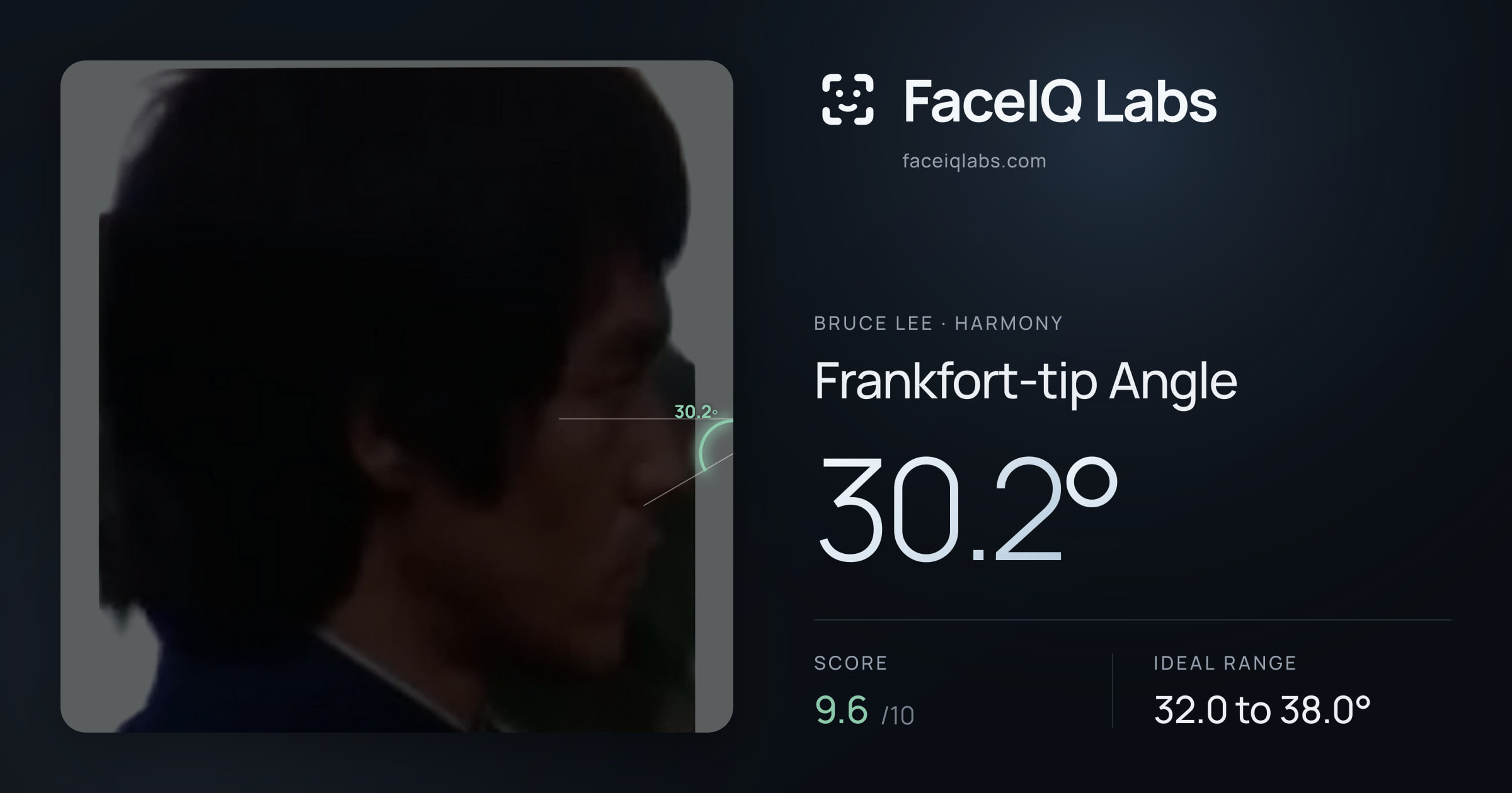Bruce Lee Frankfort-tip Angle: 30.2°, drawn on the photo