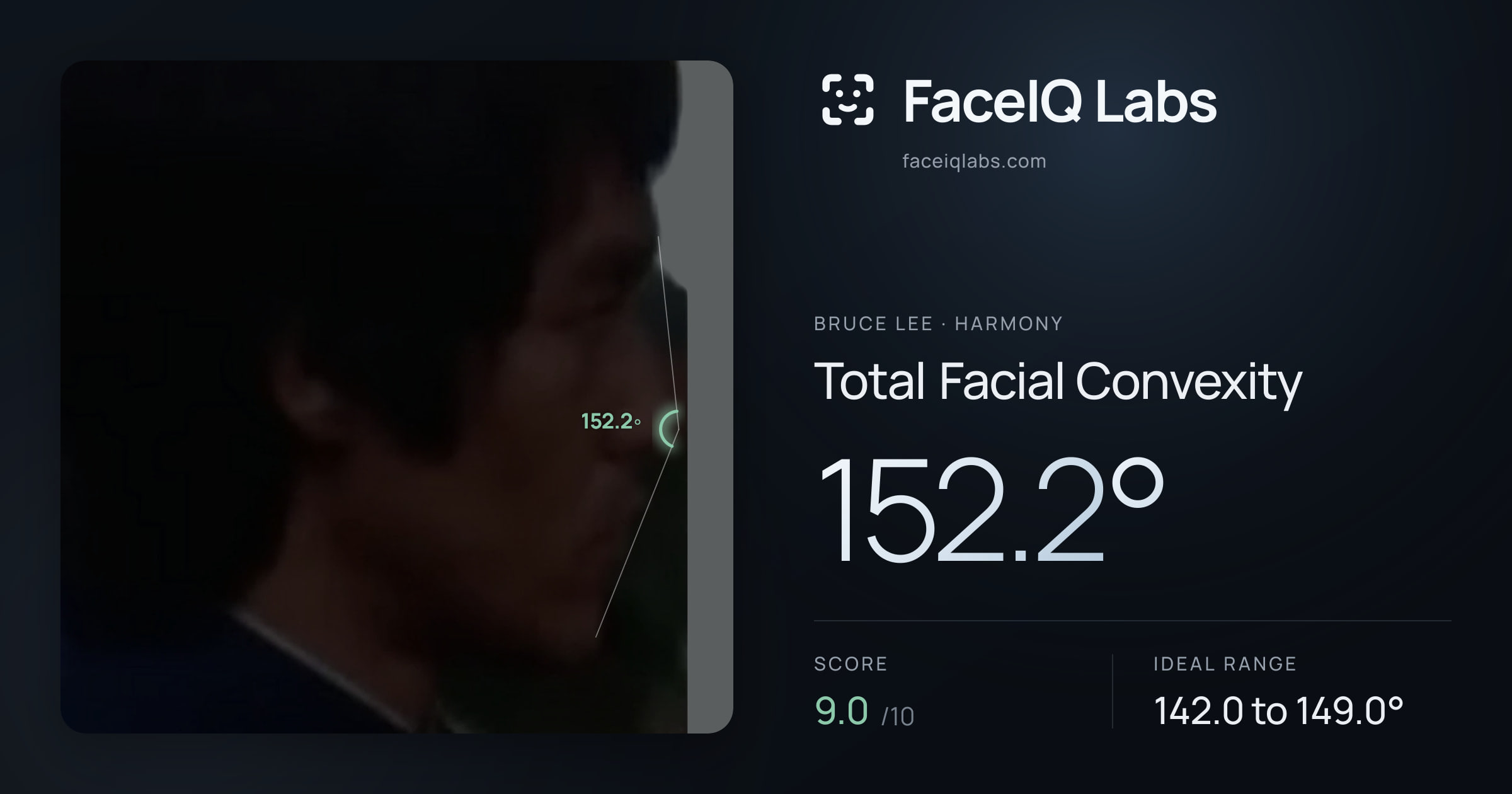 Bruce Lee Total Facial Convexity: 152.2°, drawn on the photo