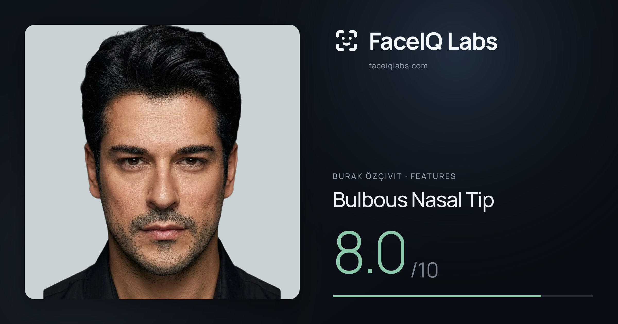 Burak Özçivit Bulbous Nasal Tip: 8.0/10, drawn on the photo