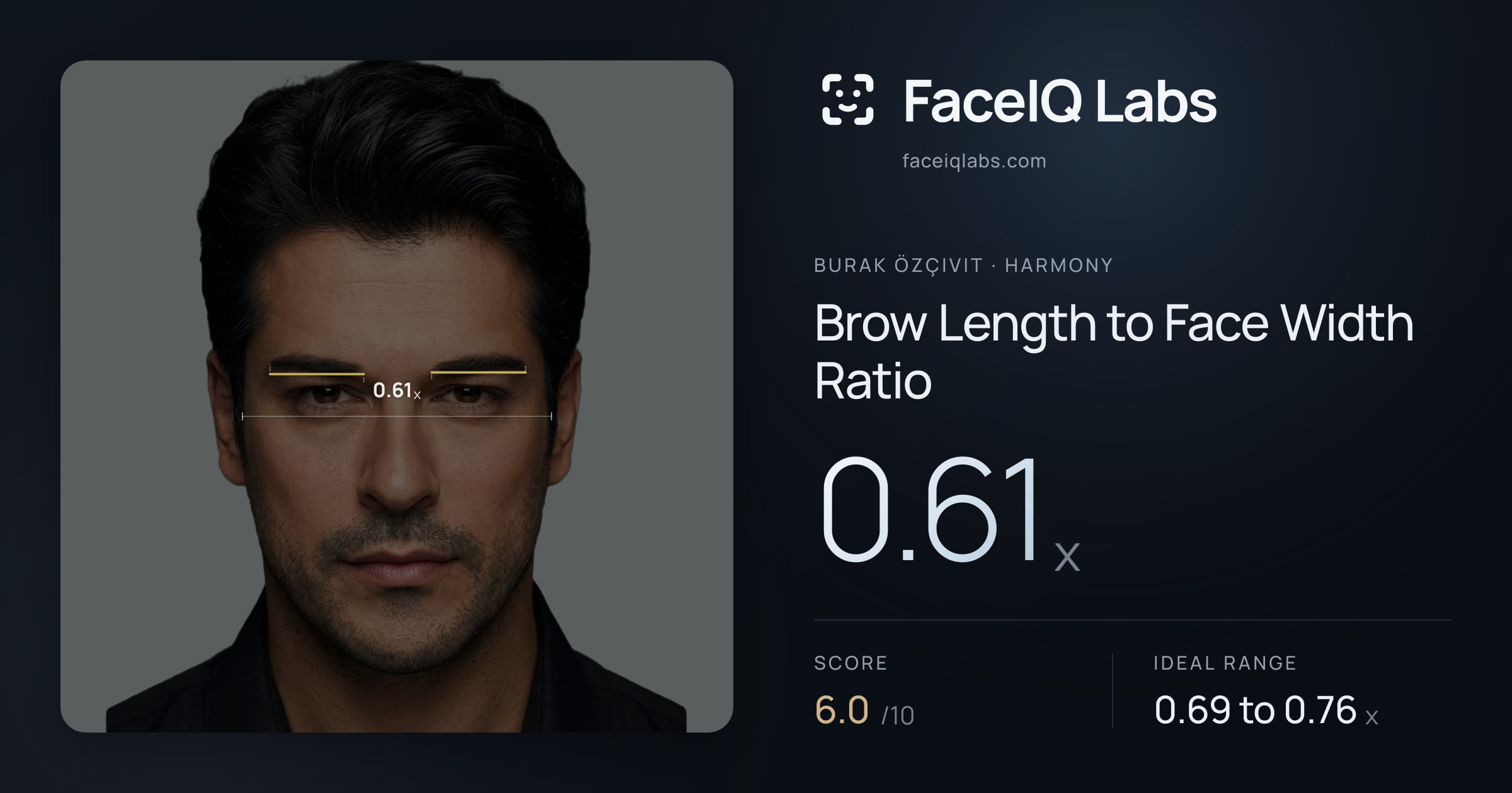 Burak Özçivit Brow Length to Face Width Ratio: 0.61x, drawn on the photo