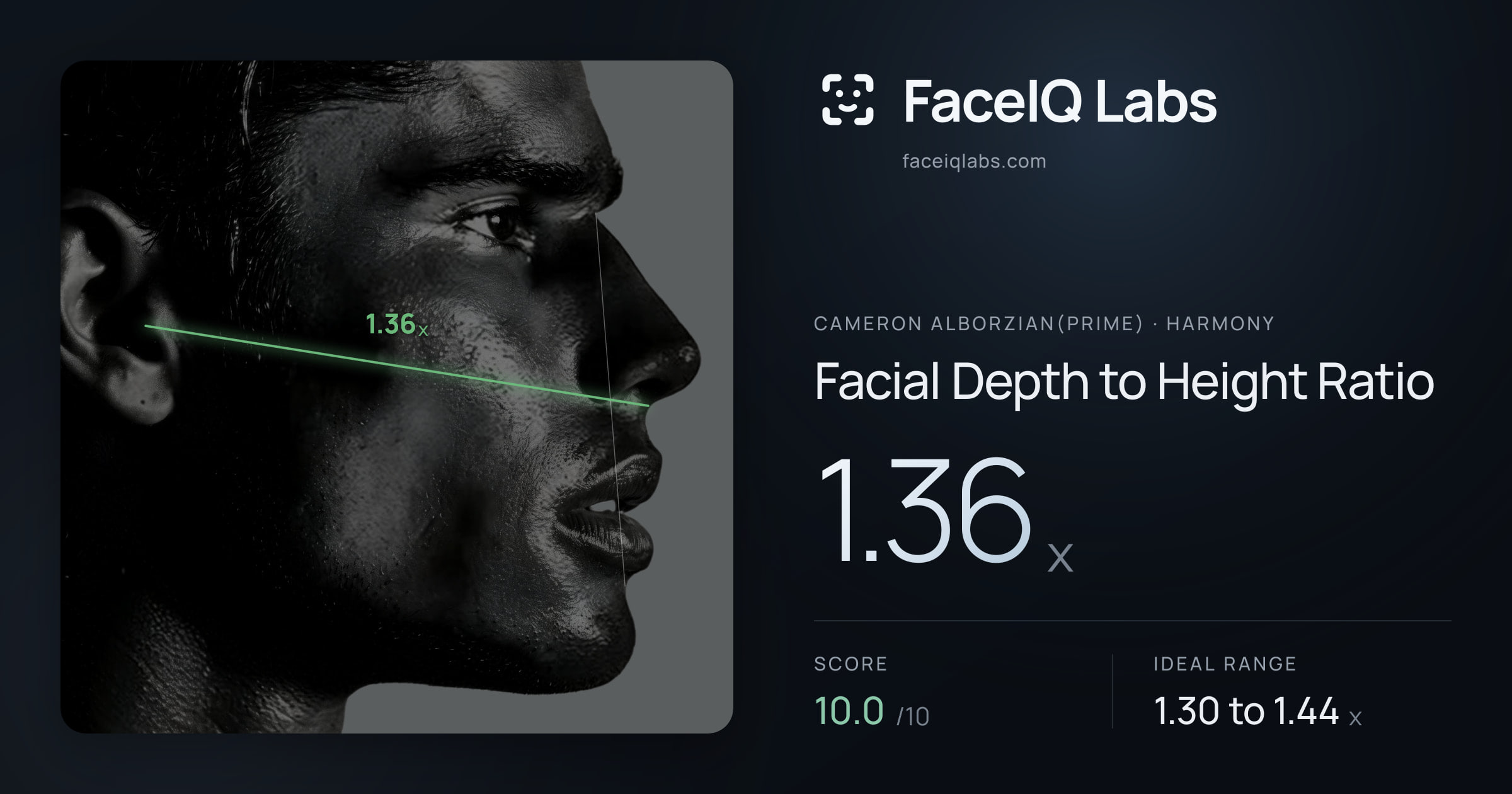 Cameron Alborzian(Prime) Facial Depth to Height Ratio: 1.36x, drawn on the photo