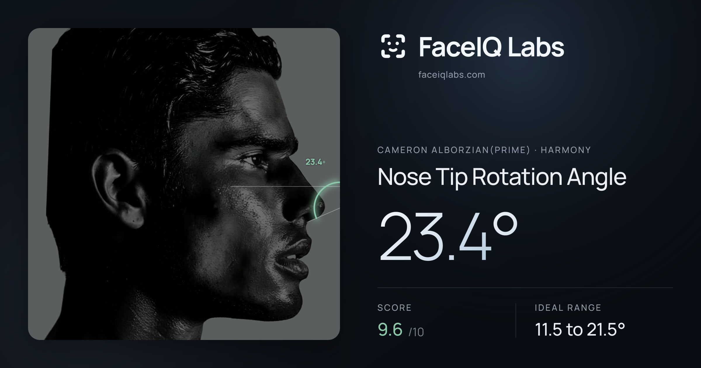 Cameron Alborzian(Prime) Nose Tip Rotation Angle: 23.4°, drawn on the photo