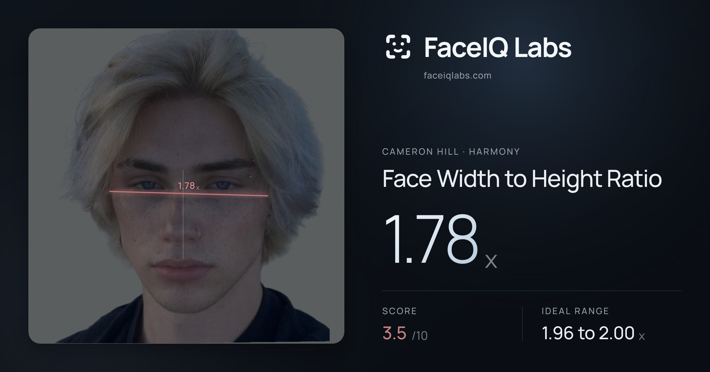 Cameron Hill Face Width to Height Ratio: 1.78x, drawn on the photo