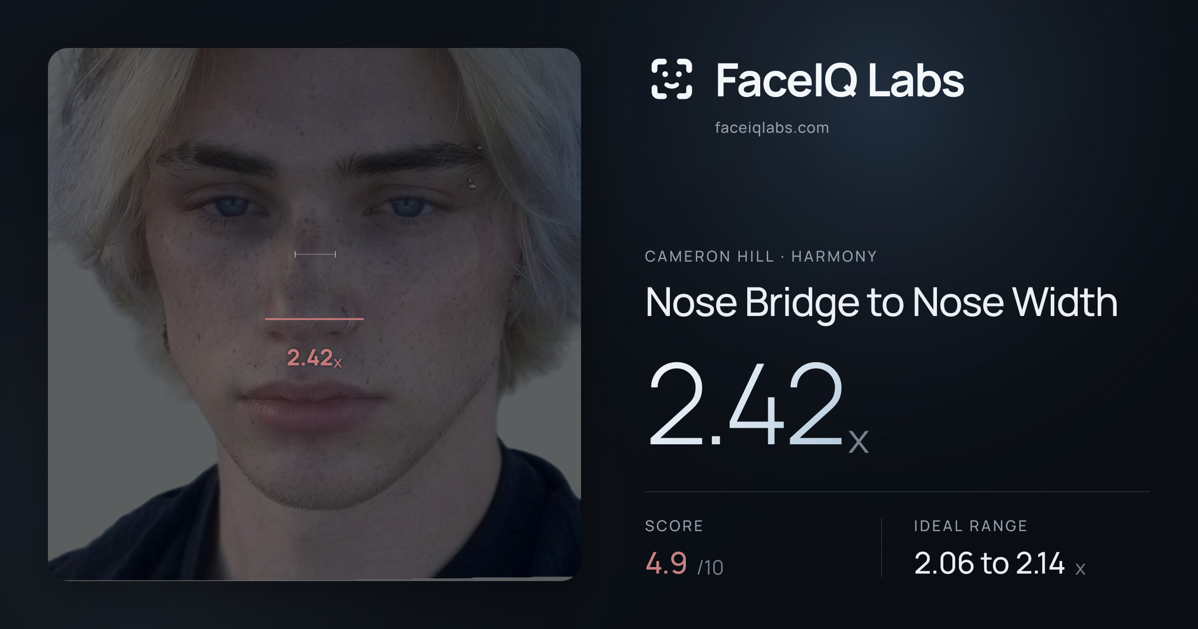 Cameron Hill Nose Bridge to Nose Width: 2.42x, drawn on the photo
