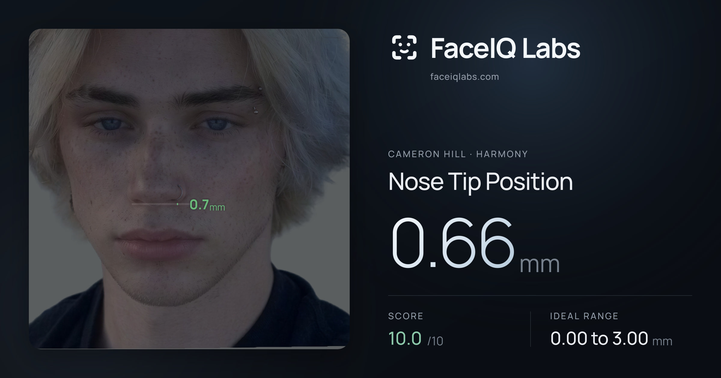 Cameron Hill Nose Tip Position: 0.66mm, drawn on the photo