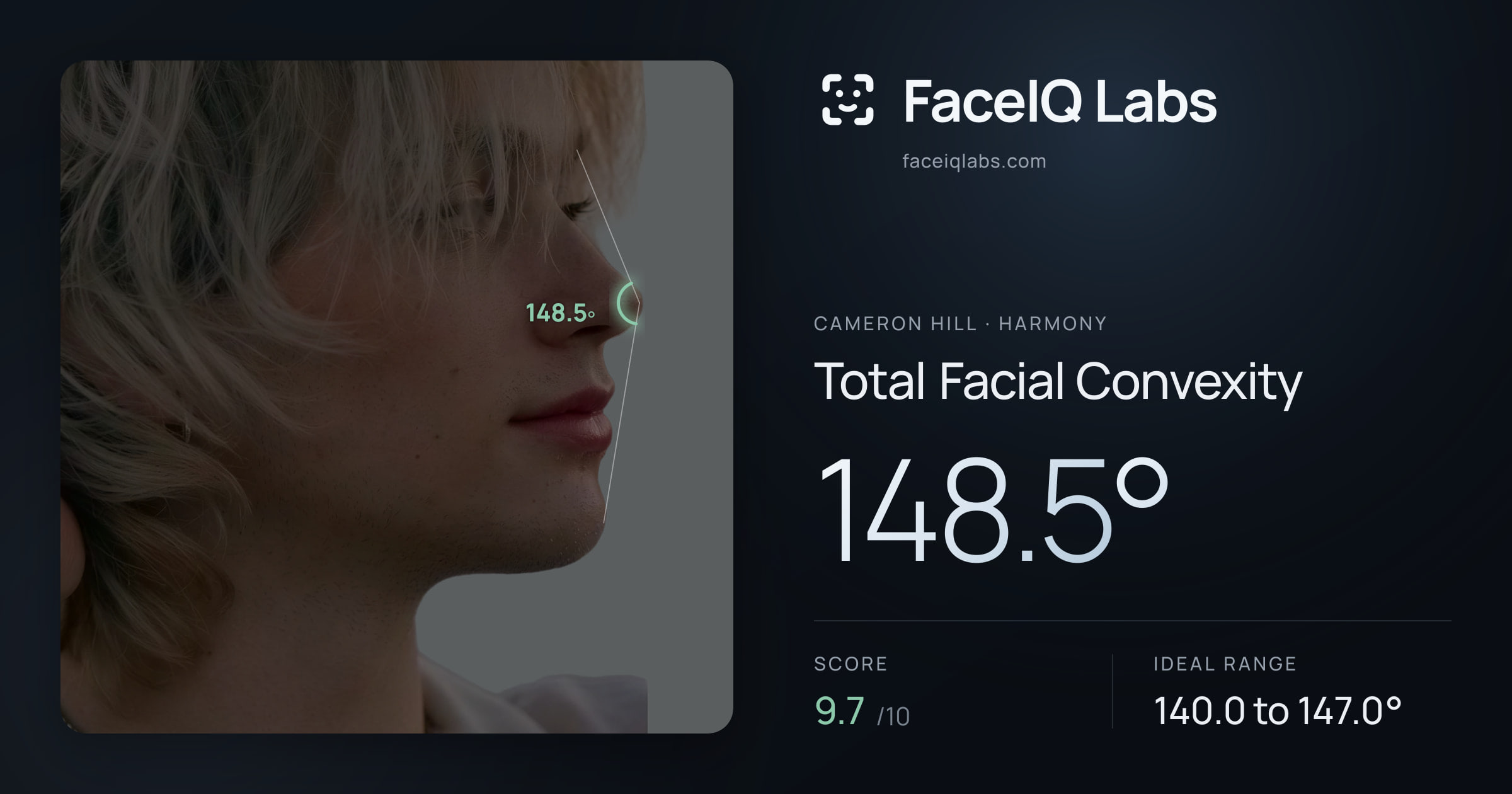 Cameron Hill Total Facial Convexity: 148.5°, drawn on the photo