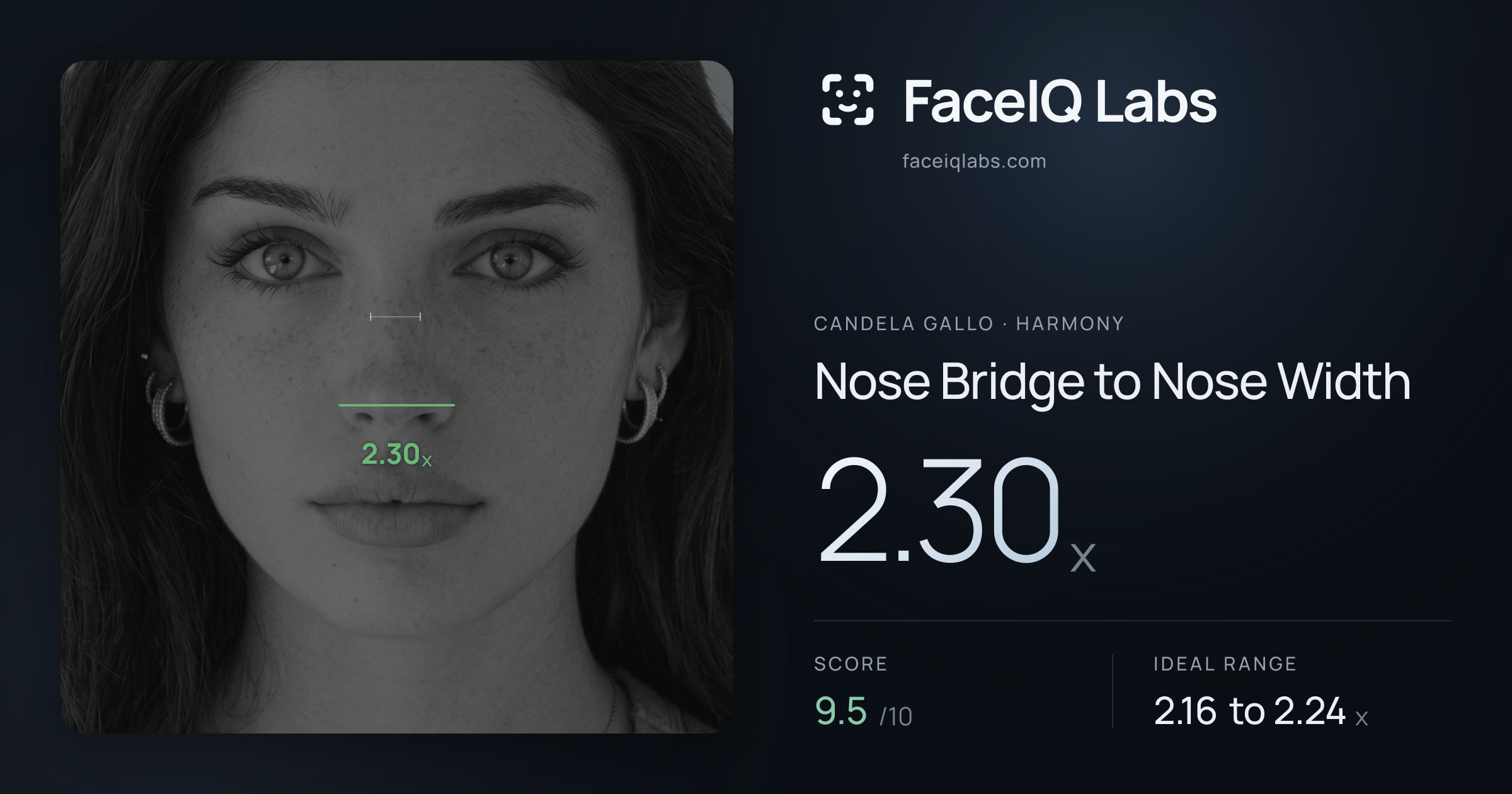 Candela Gallo Nose Bridge to Nose Width: 2.30x, drawn on the photo
