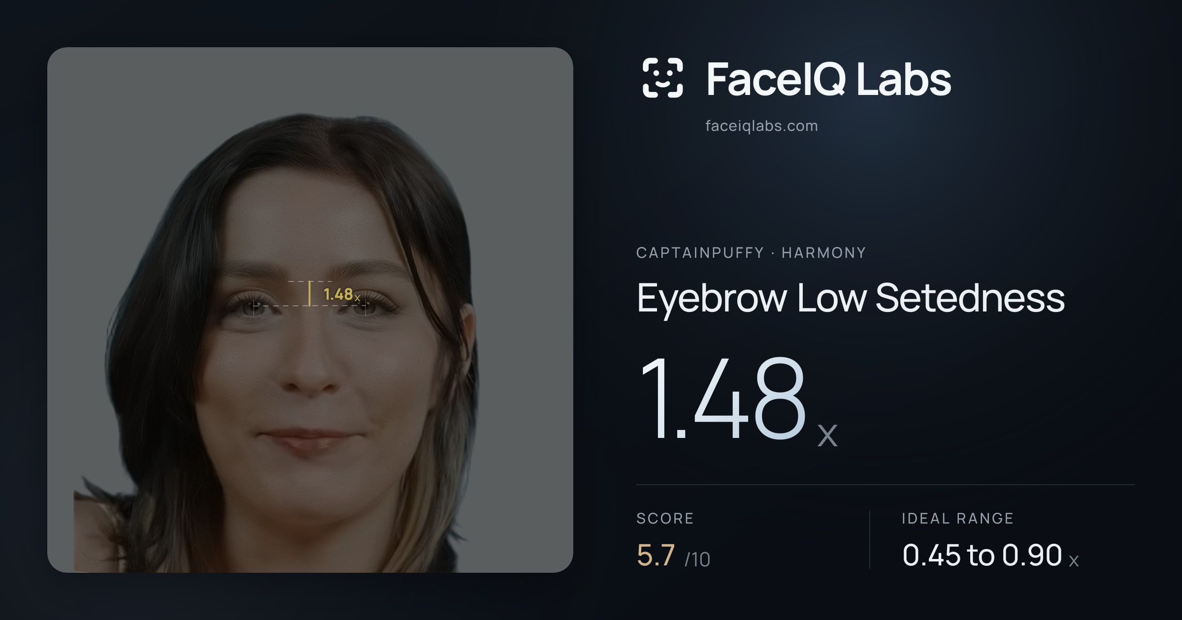 CaptainPuffy Eyebrow Low Setedness: 1.48x, drawn on the photo