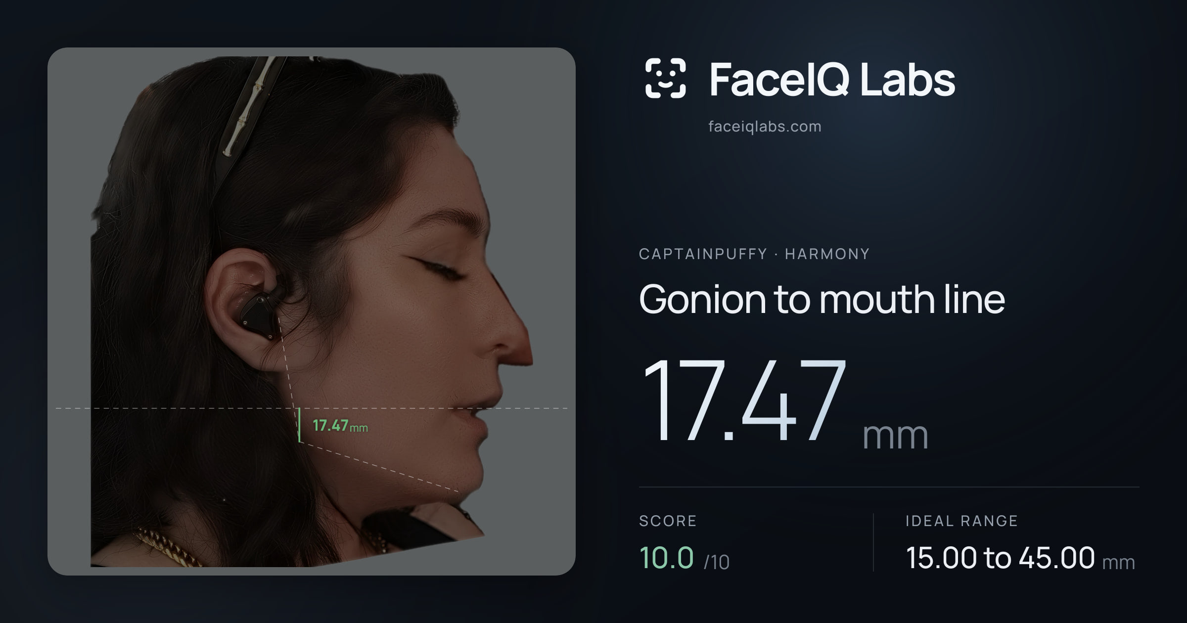 CaptainPuffy Gonion to mouth line: 17.47mm, drawn on the photo