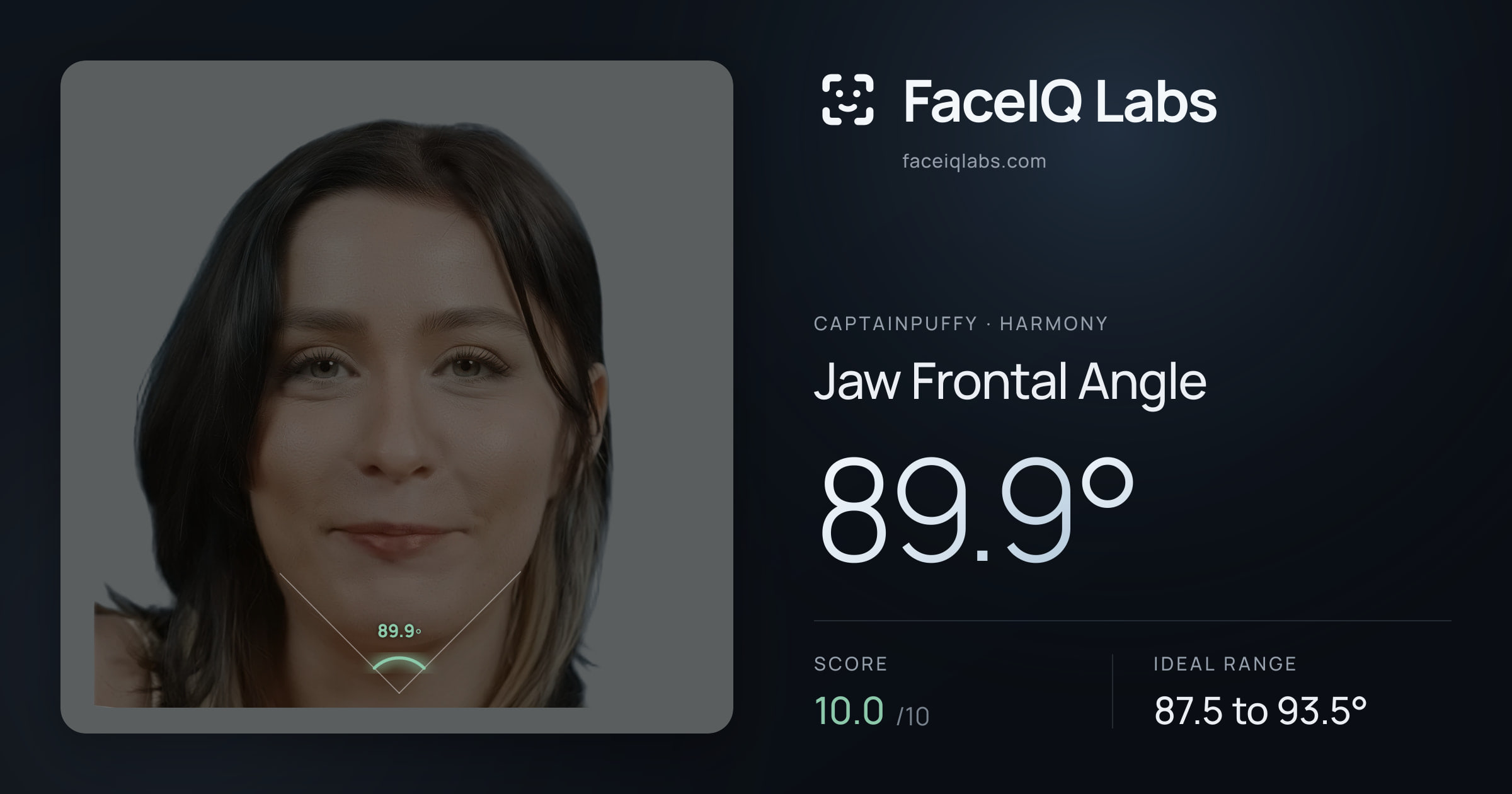 CaptainPuffy Jaw Frontal Angle: 89.9°, drawn on the photo