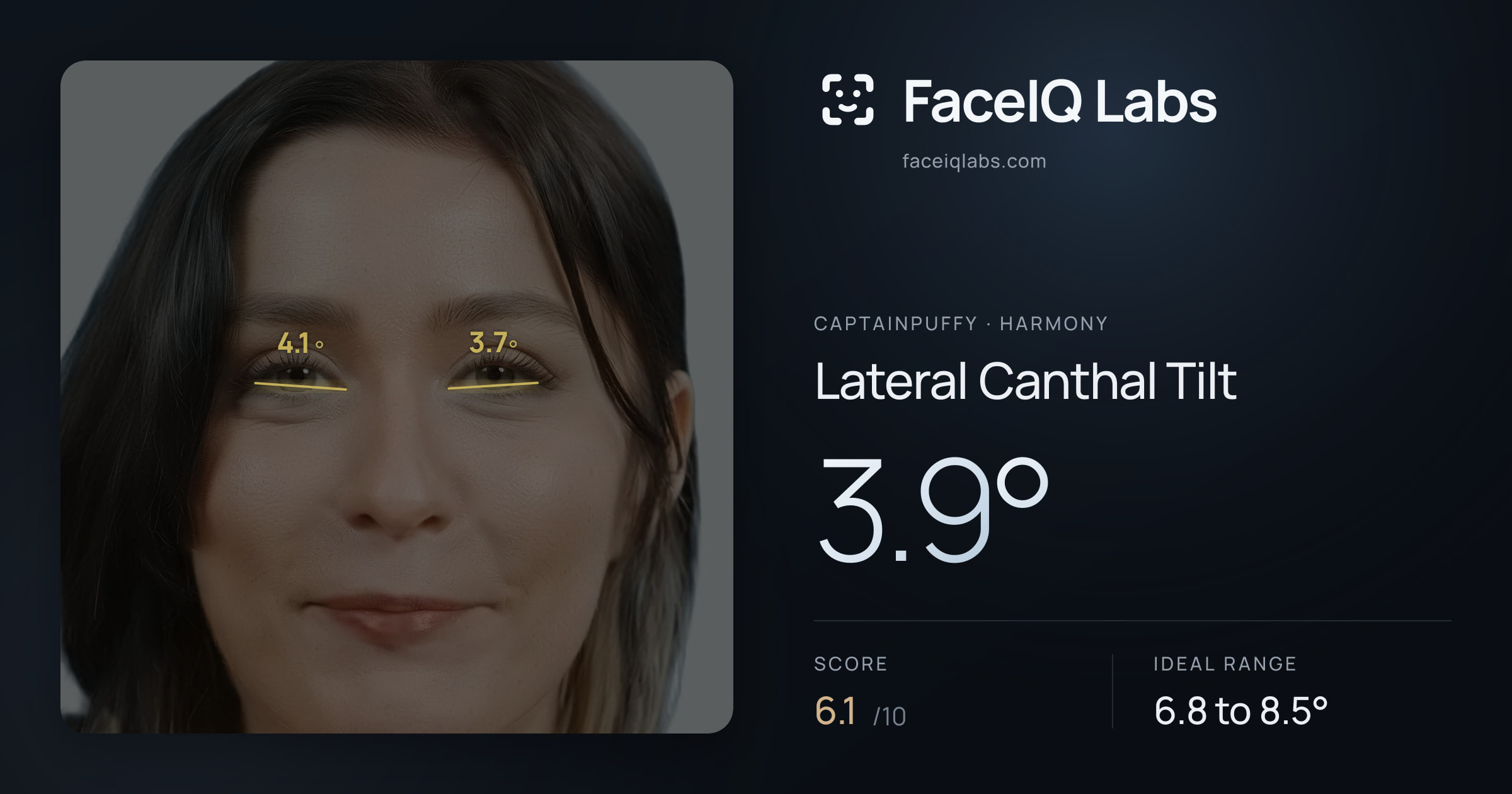 CaptainPuffy Lateral Canthal Tilt: 3.9°, drawn on the photo