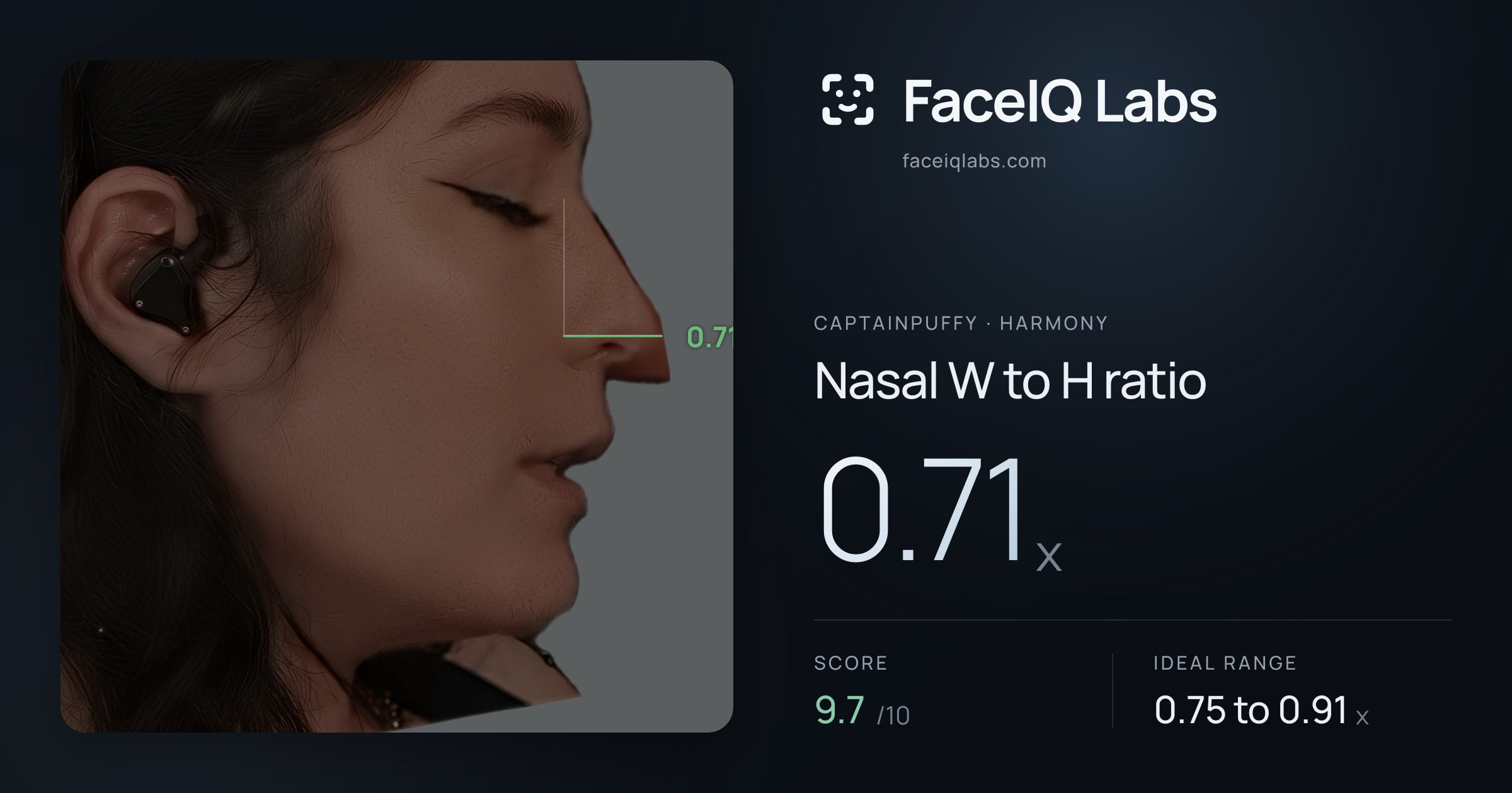 CaptainPuffy Nasal W to H ratio: 0.71x, drawn on the photo