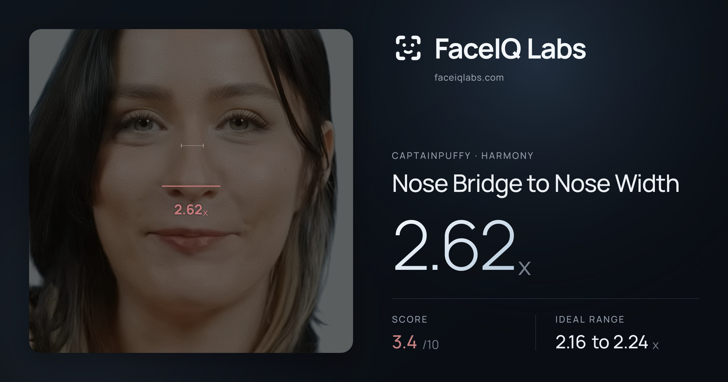 CaptainPuffy Nose Bridge to Nose Width: 2.62x, drawn on the photo