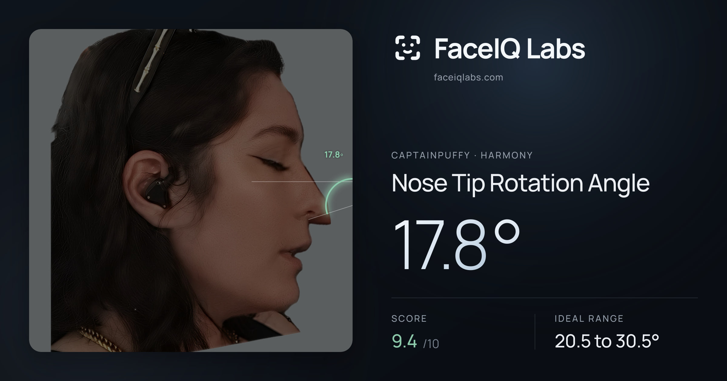 CaptainPuffy Nose Tip Rotation Angle: 17.8°, drawn on the photo