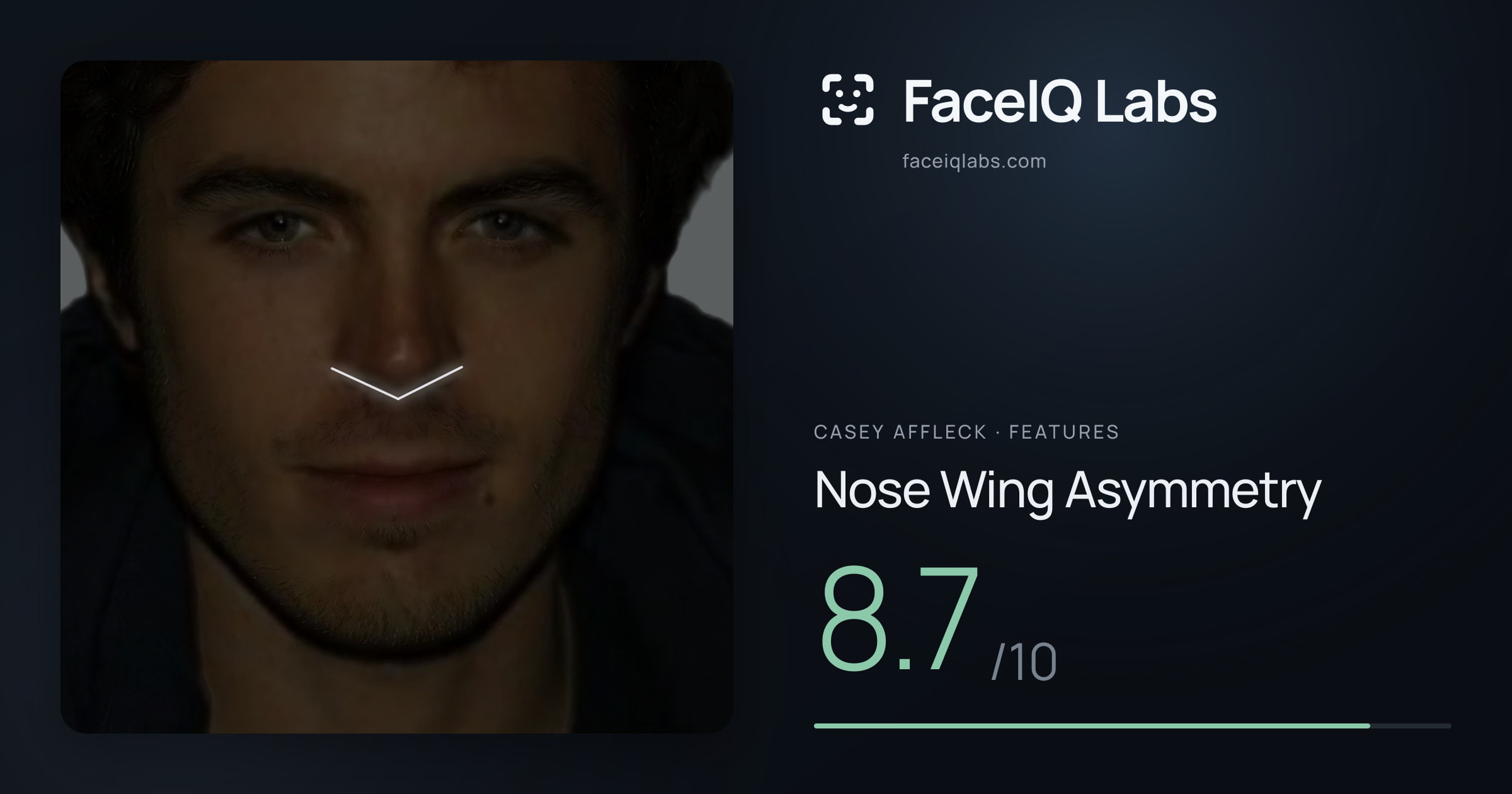 Casey Affleck Nose Wing Asymmetry: 8.7/10, drawn on the photo