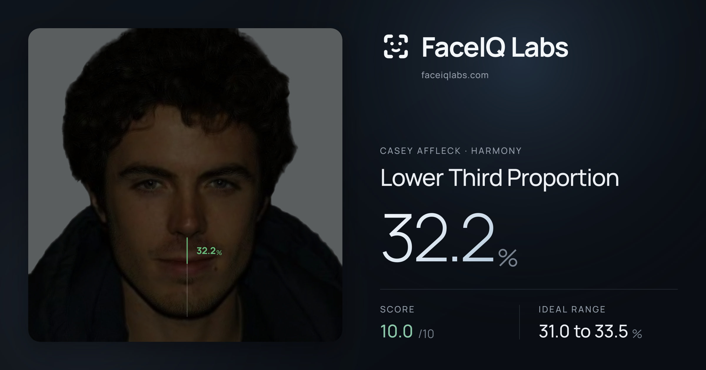 Casey Affleck Lower Third Proportion: 32.2%, drawn on the photo