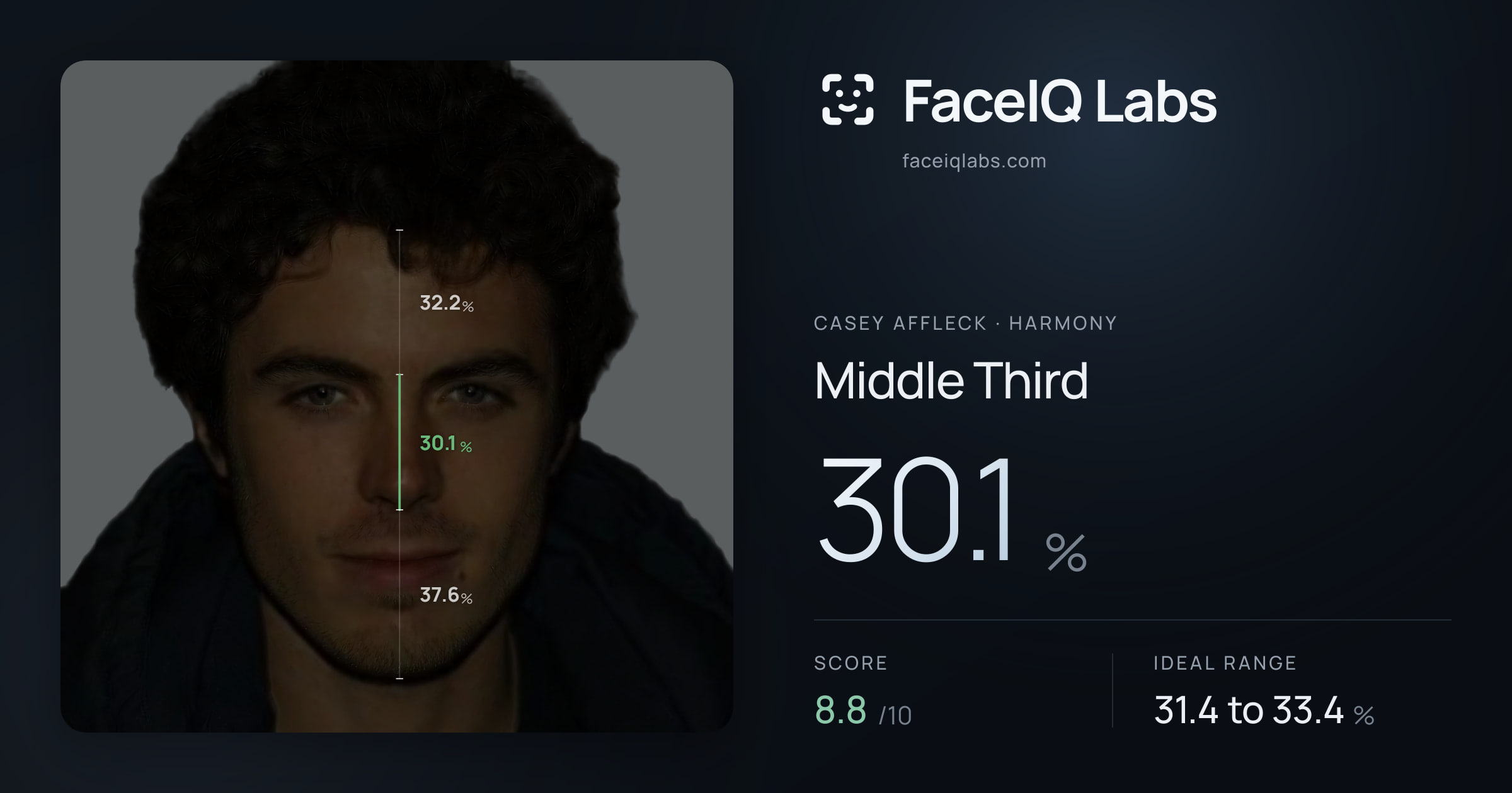 Casey Affleck Middle Third: 30.1%, drawn on the photo
