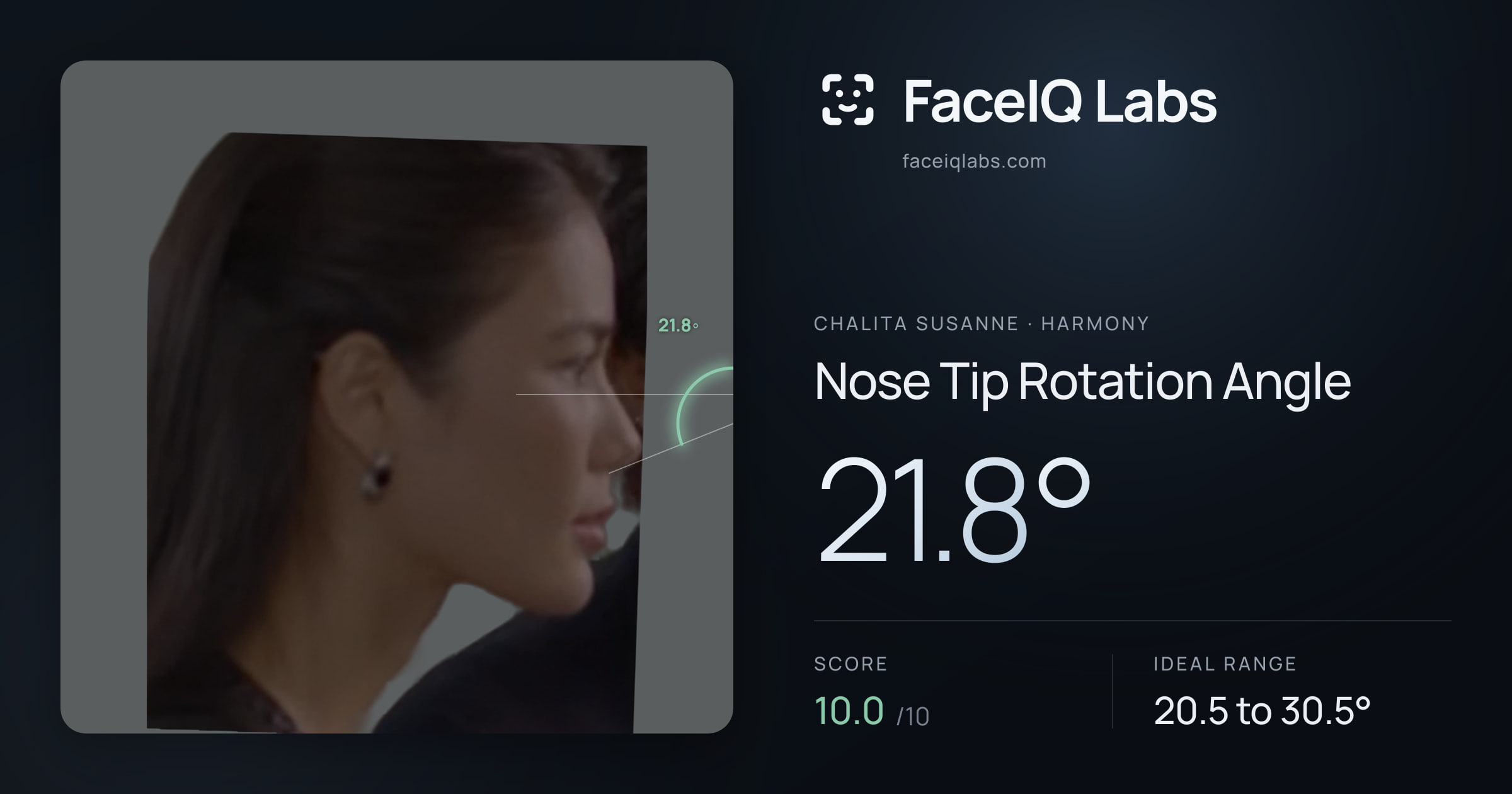 Chalita Susanne Nose Tip Rotation Angle: 21.8°, drawn on the photo