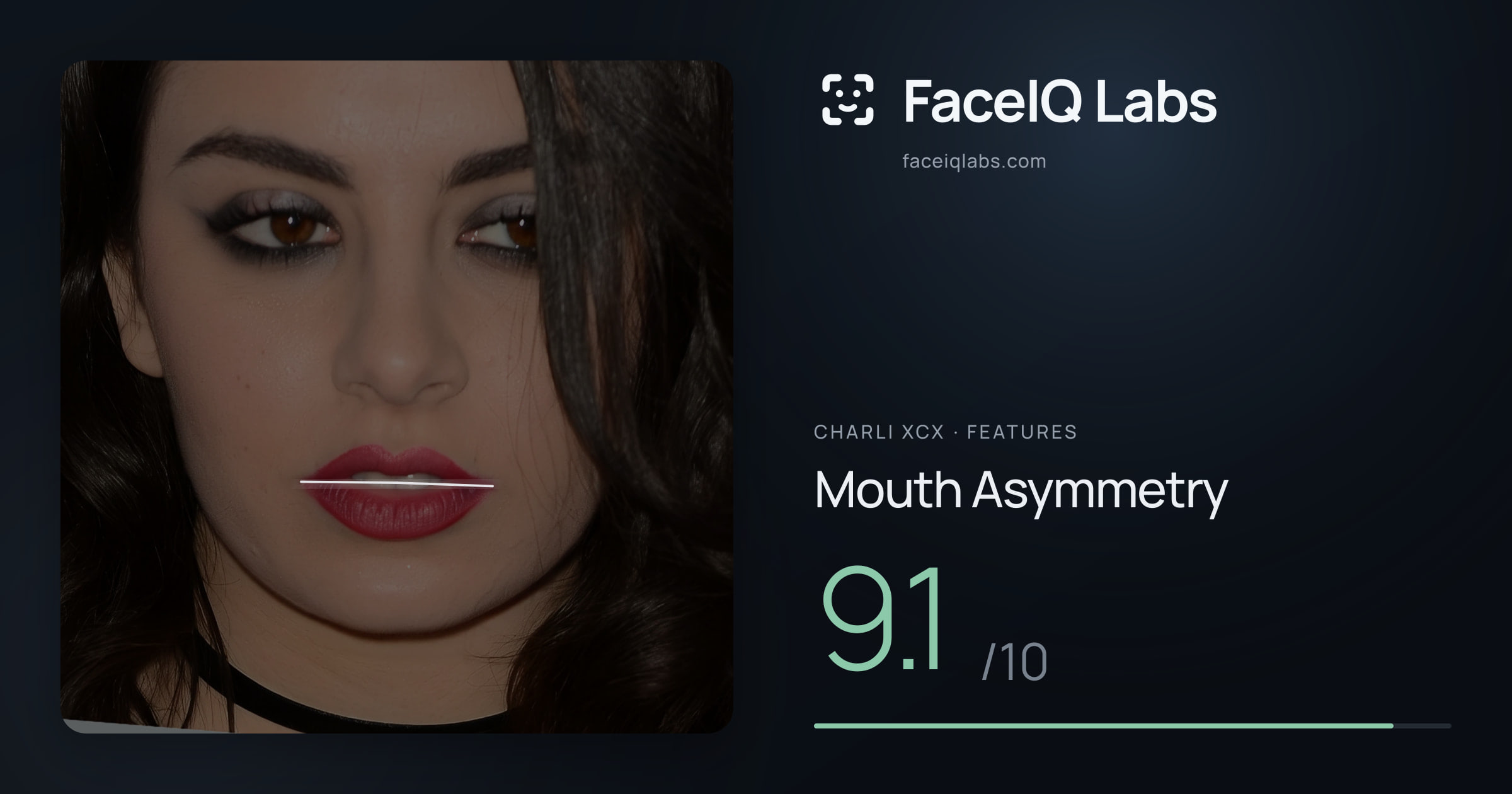 Charli XCX Mouth Asymmetry: 9.1/10, drawn on the photo