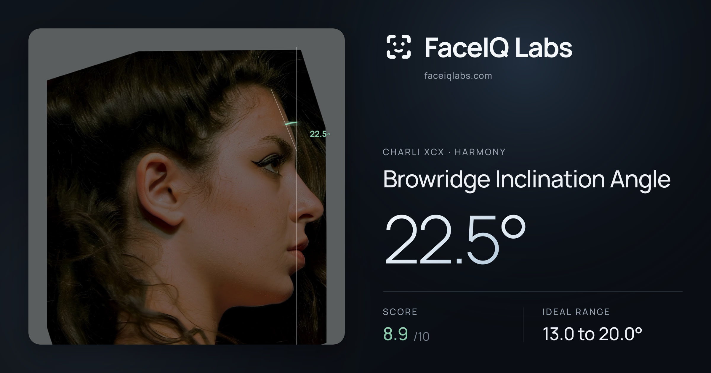 Charli XCX Browridge Inclination Angle: 22.5°, drawn on the photo