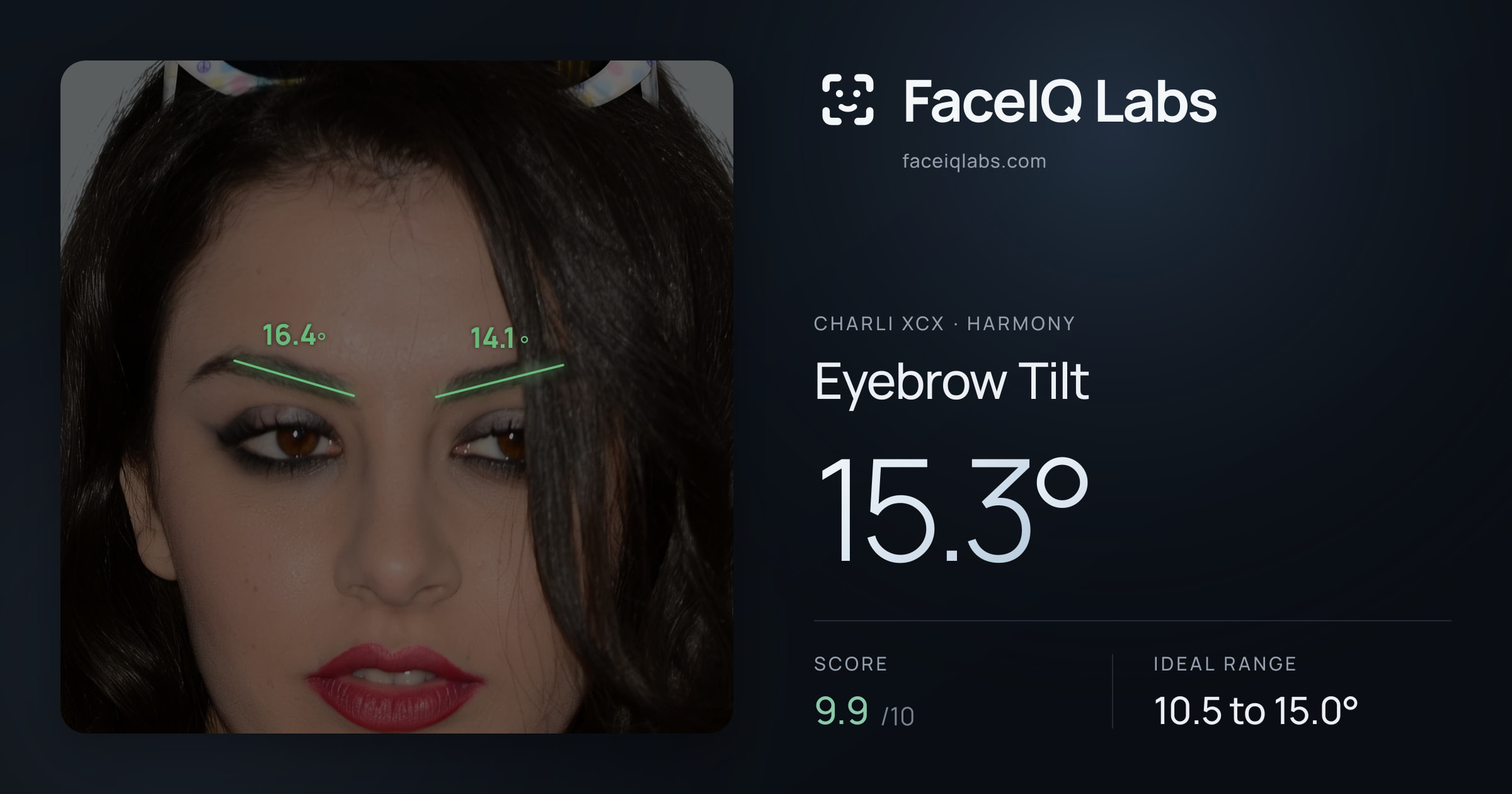 Charli XCX Eyebrow Tilt: 15.3°, drawn on the photo