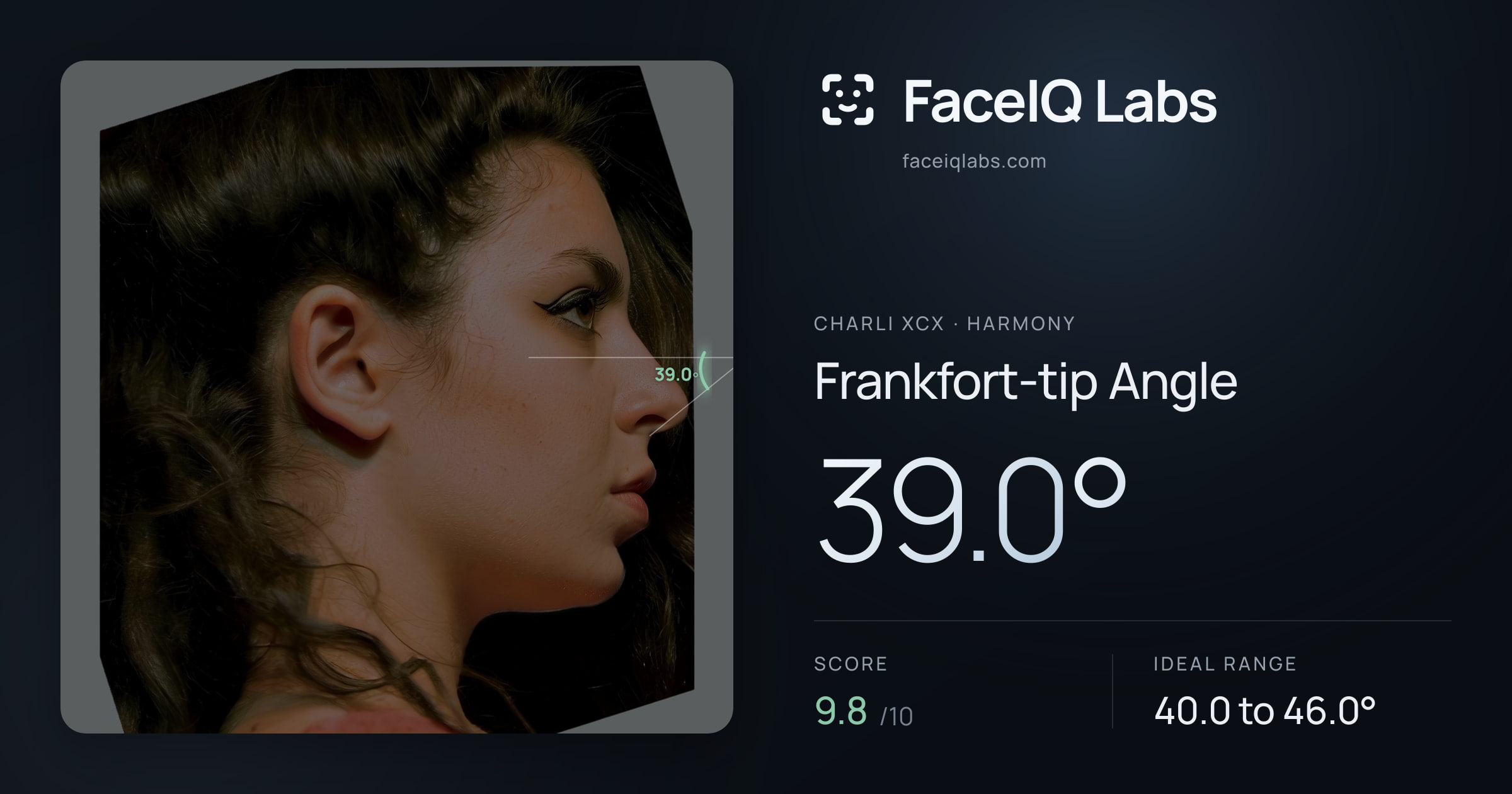 Charli XCX Frankfort-tip Angle: 39.0°, drawn on the photo