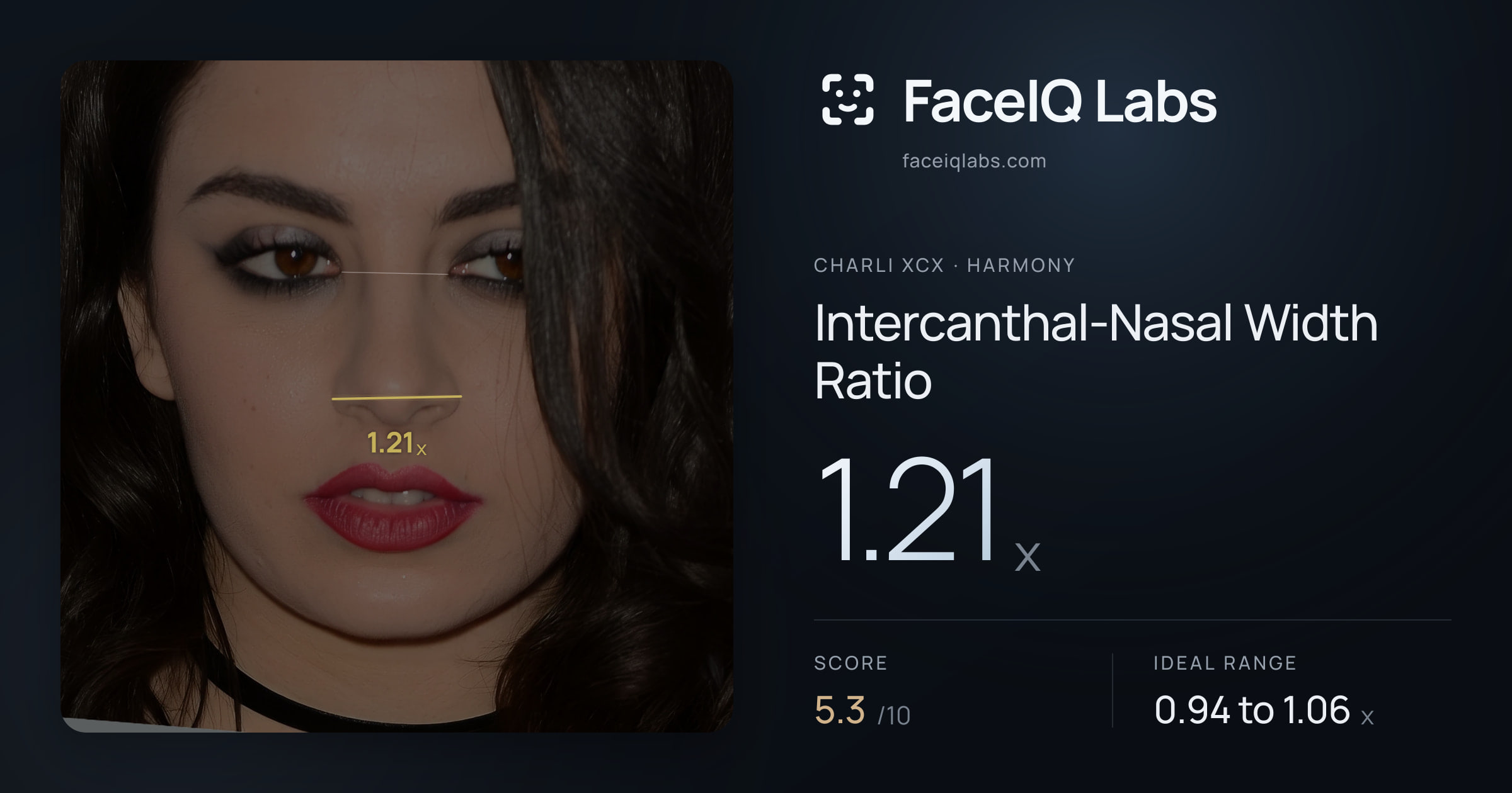 Charli XCX Intercanthal-Nasal Width Ratio: 1.21x, drawn on the photo